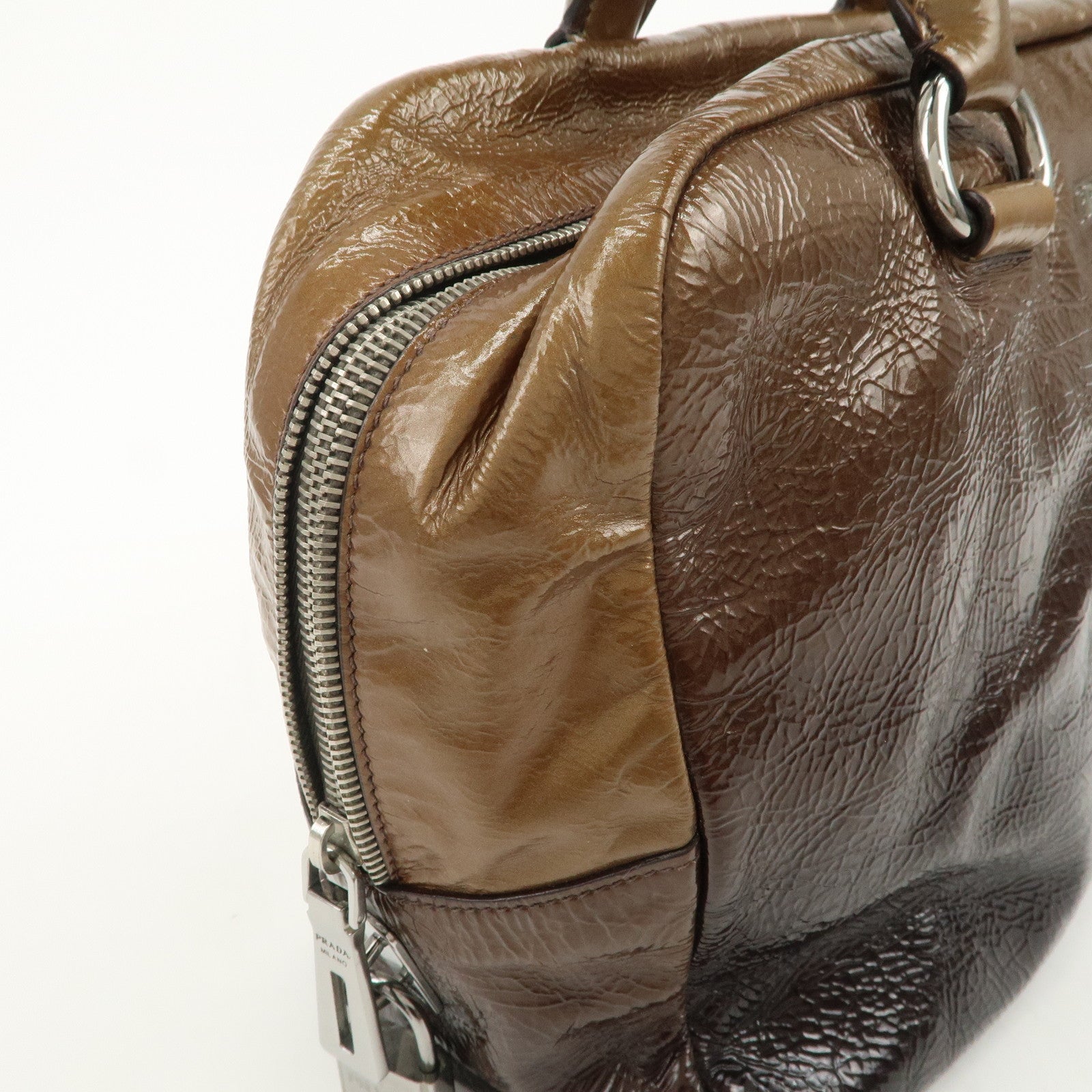 PRADA Logo Patent Leather Hand Bag Boston Bag Brown BL0555