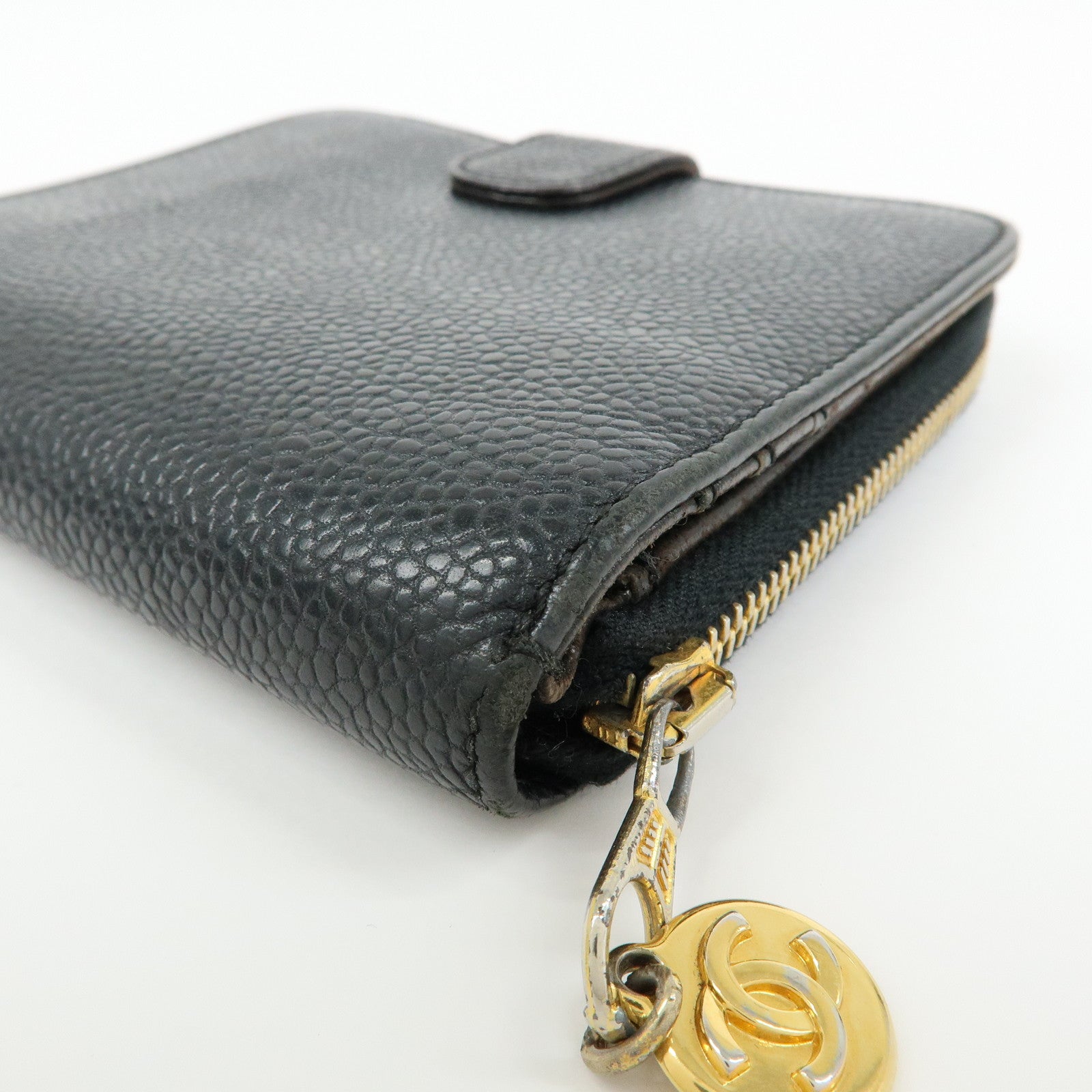 CHANEL COCO Mark Cavairskin Compact Bi-Fold Wallet Black