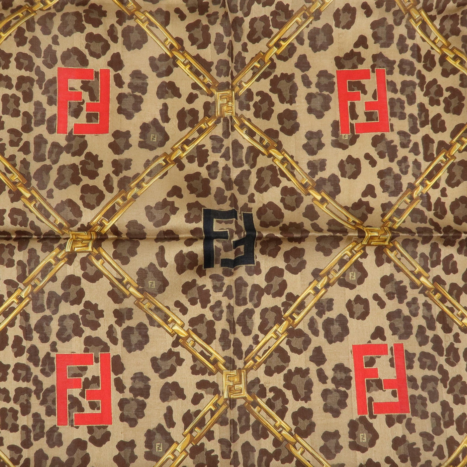 FENDI Cotton Scarf 57x57 Leopard Chain Motif Brown Red