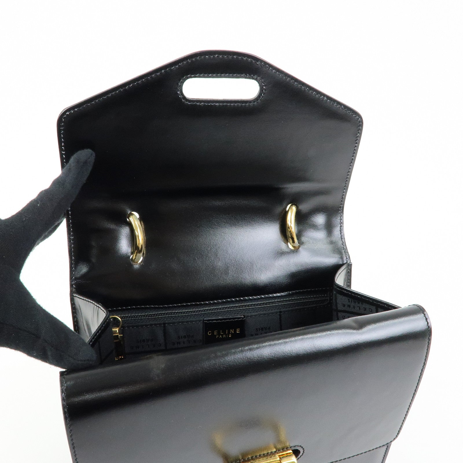 CELINE Leather Double Flap Hand Bag Black