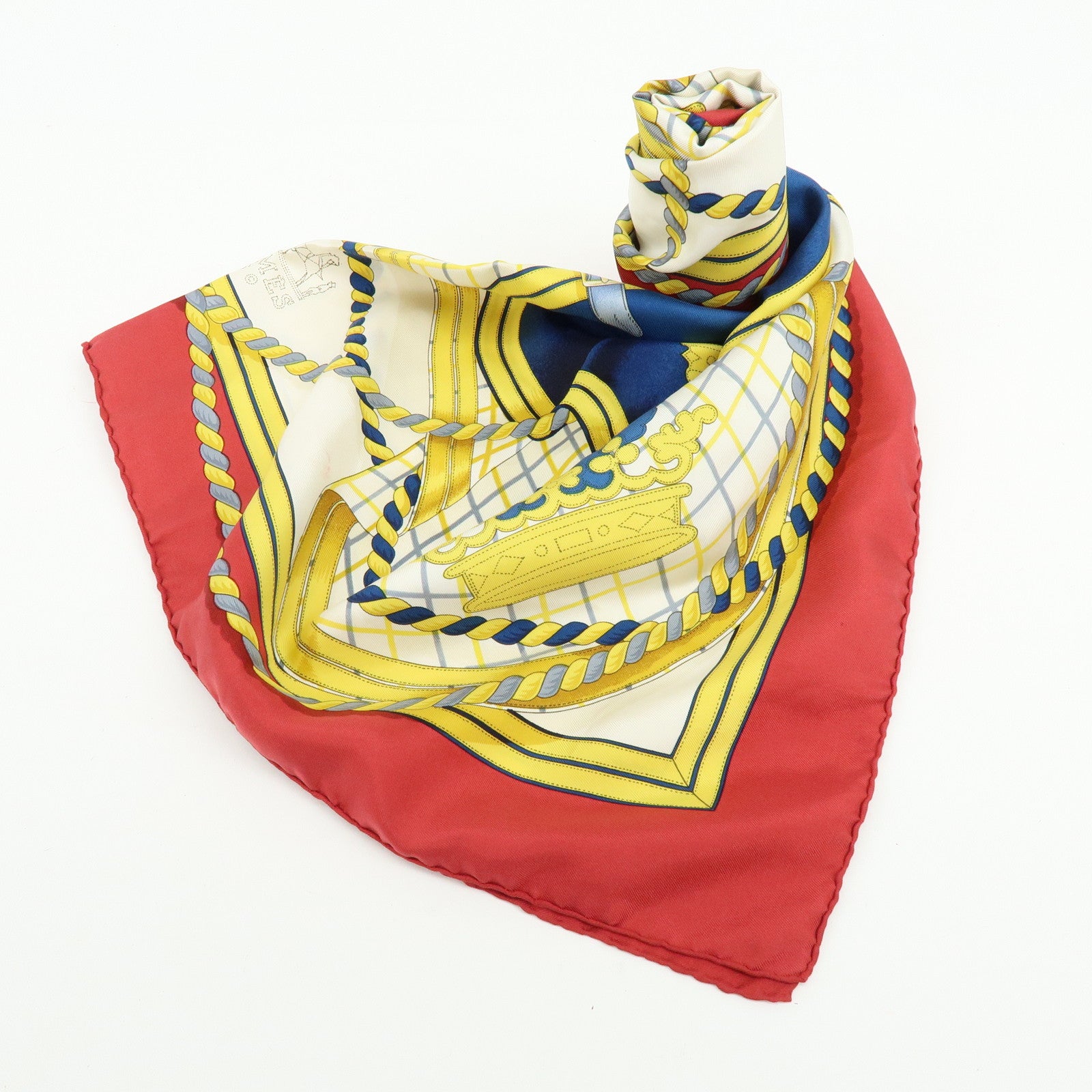HERMES Carre 90 Silk 100% Scarf GRANDE TENUE Gold Navy Red