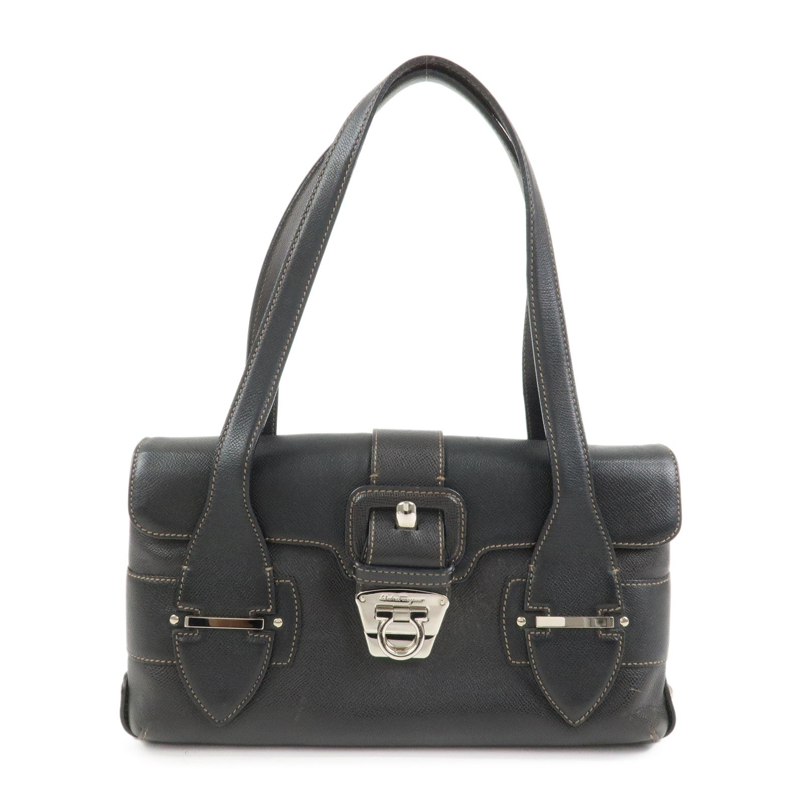 Ferragamo Gancini Leather Shoulder Bag Hand Bag Black