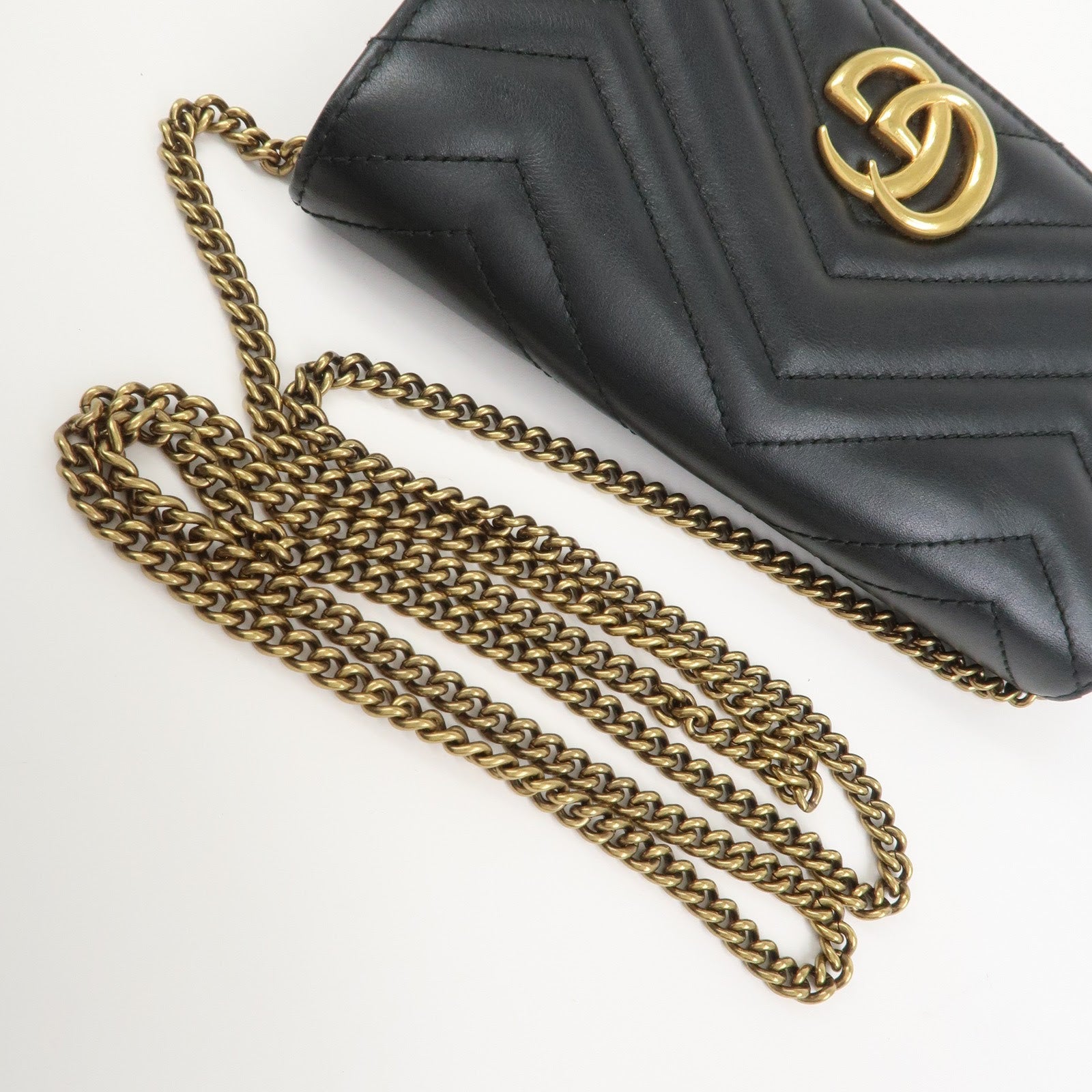 GUCCI GG Marmont Leather Chain Shoulder Bag Black Gold 488426