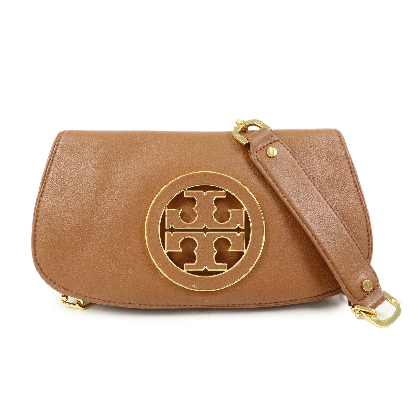 TORY BURCH Leather Flap Shoulder Bag Crossbody Bag Clutch Brown