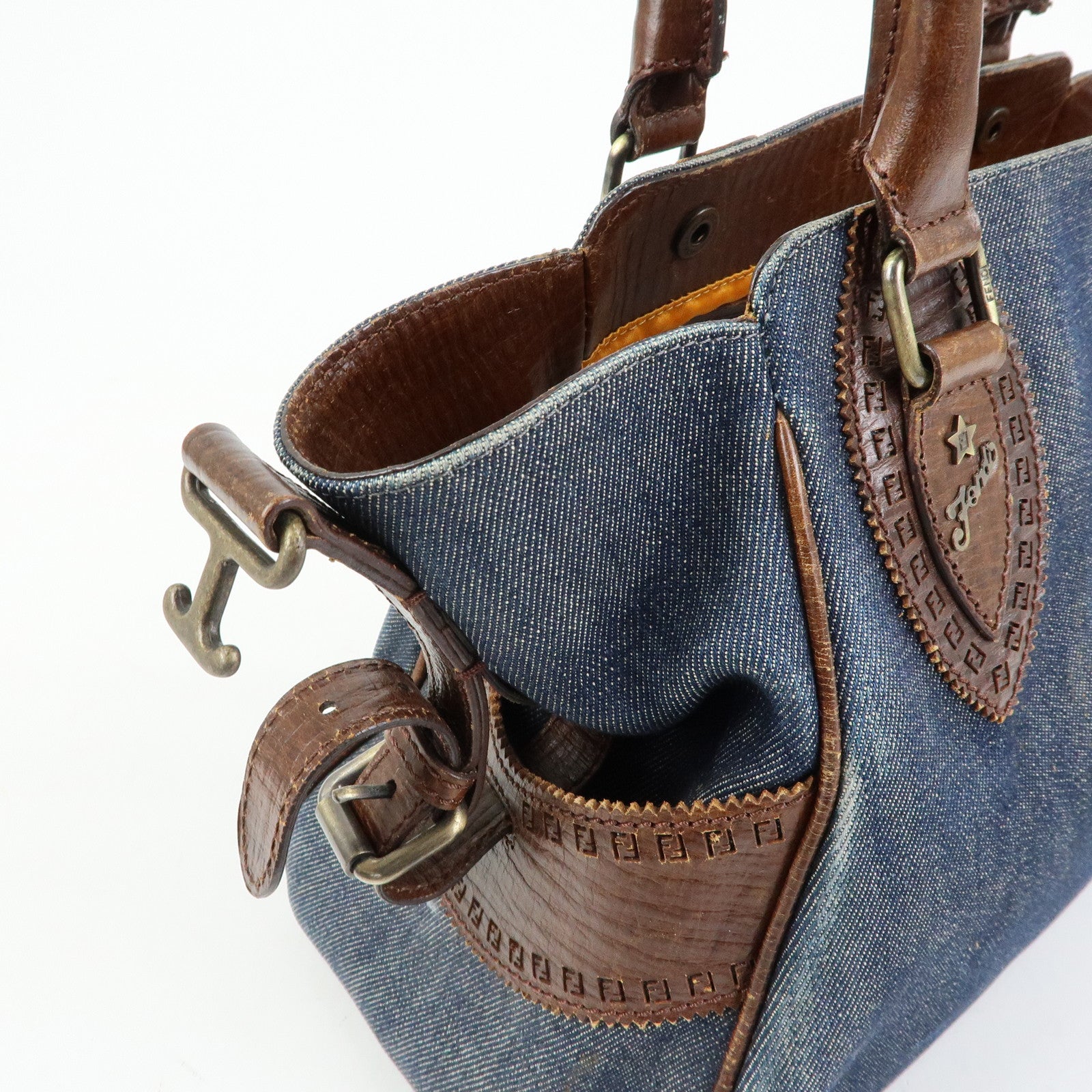 FENDI Etnico Denim Leather Shoulder Bag Indigo Blue Brown 8BN157