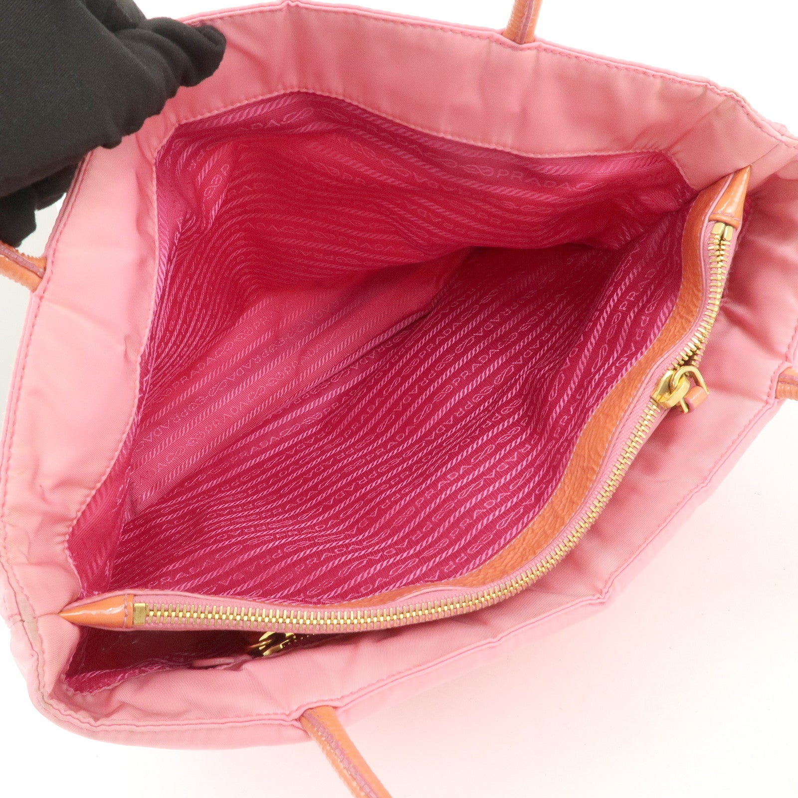 PRADA Triangle Logo Nylon Patent Leather Tote Bag Shoulder Bag Pink