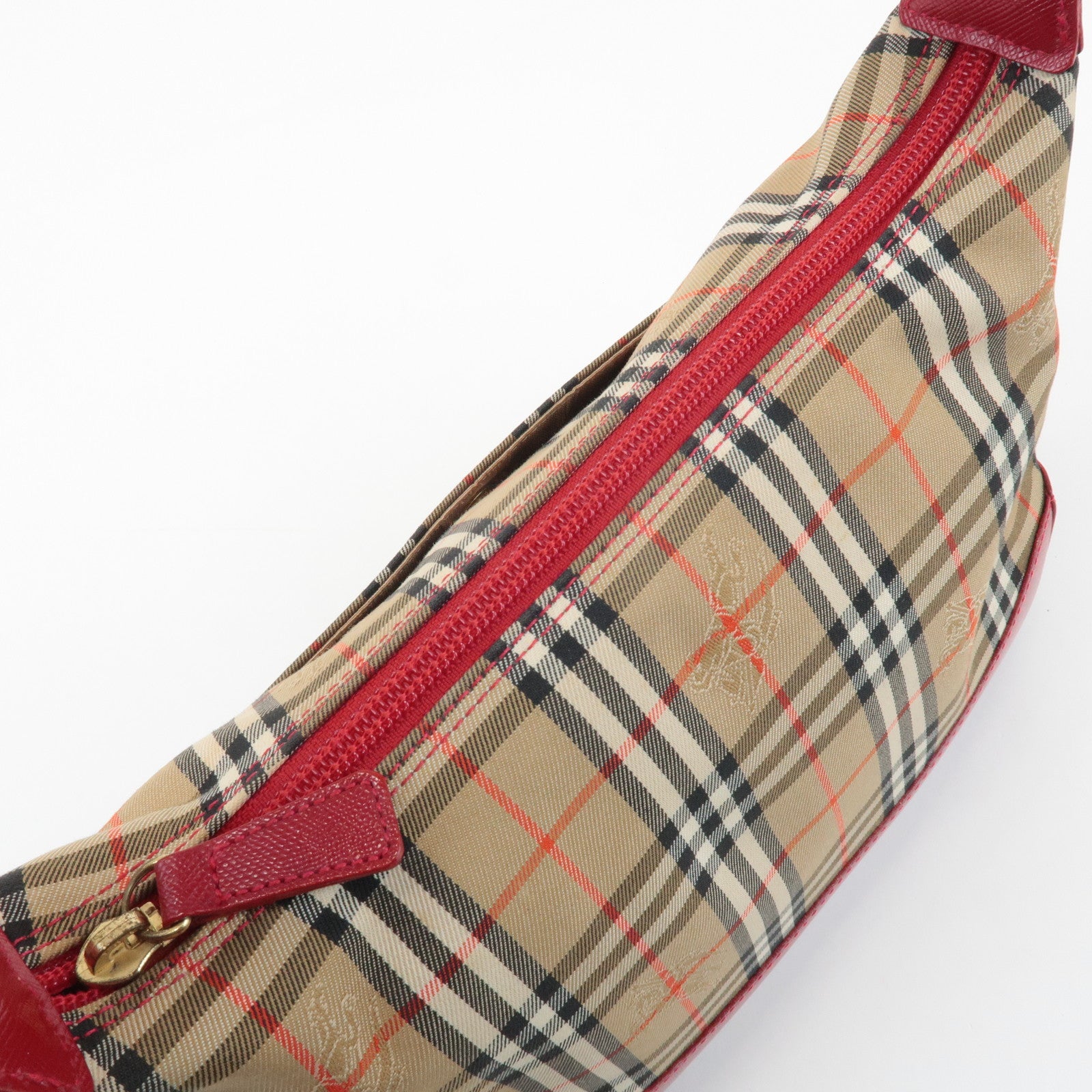 BURBERRY Nova Plaid Canvas Leather Shoulder Bag Red Used