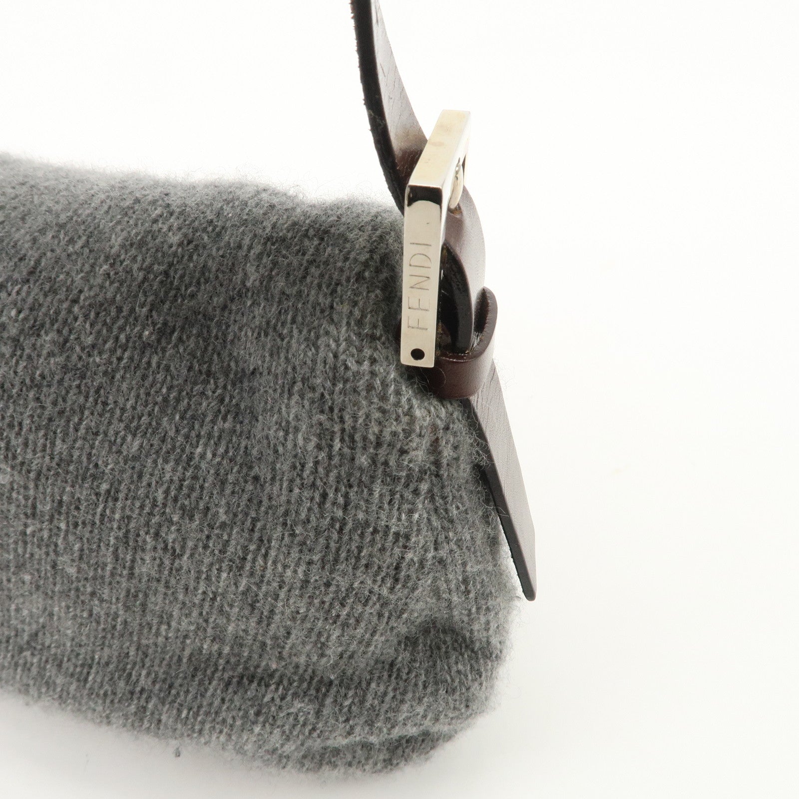 FENDI Mamma Baguette Wool Leather Shoulder Bag Brown Gray 26424