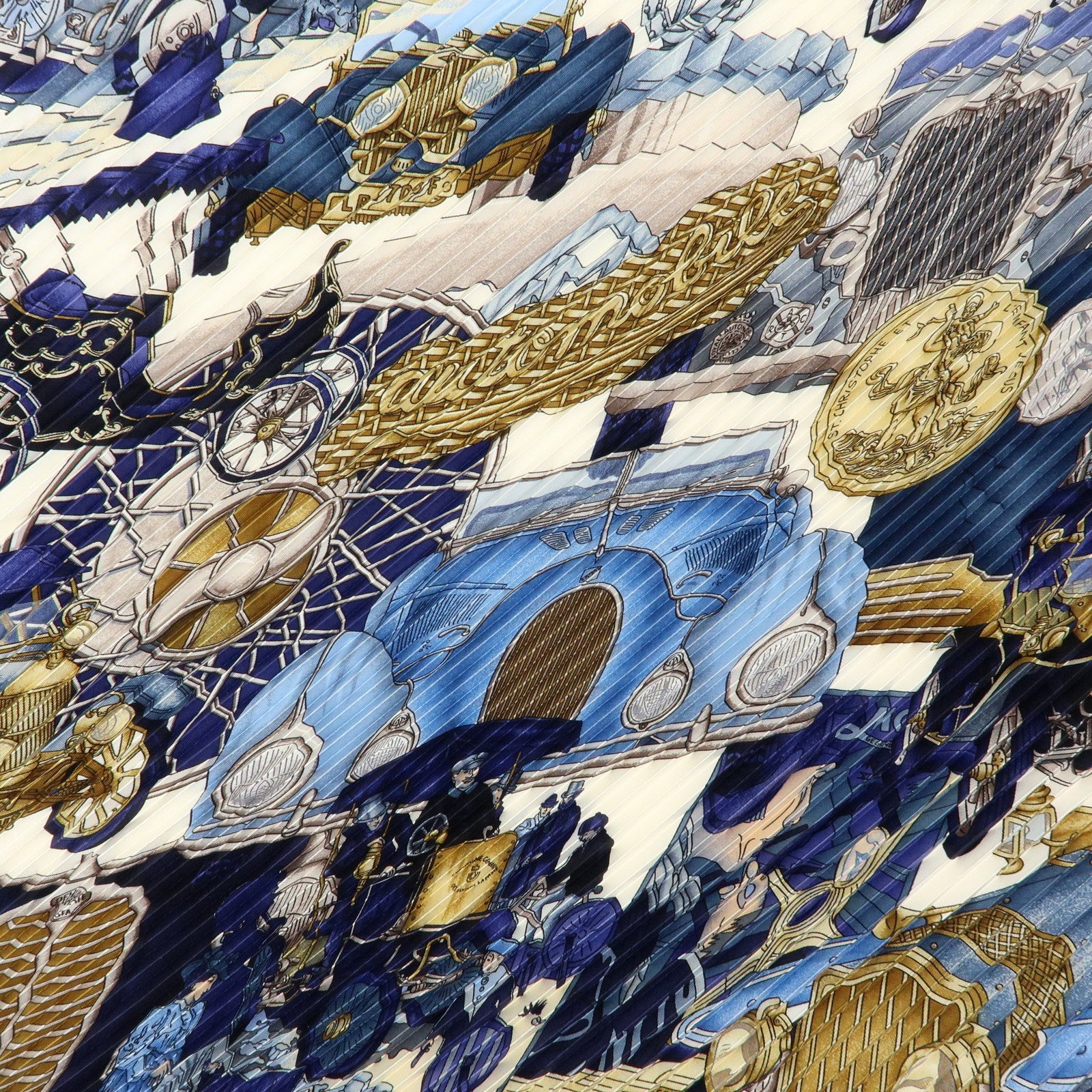 HERMES Pleated Carre 90 Silk 100% Scarf Automobile Print Navy White