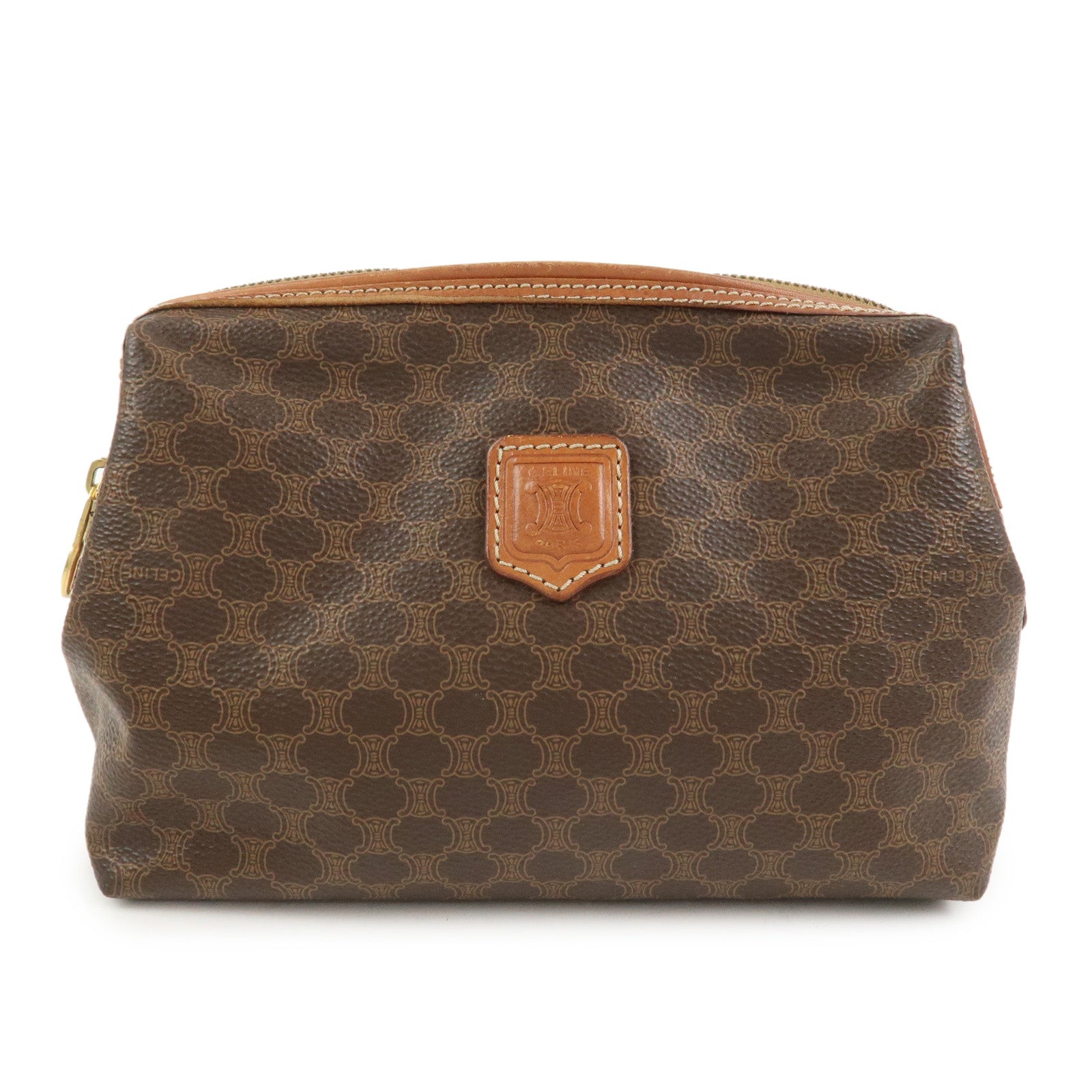 CELINE Macadam PVC Canvas Leather Cosmetic Pouch Brown
