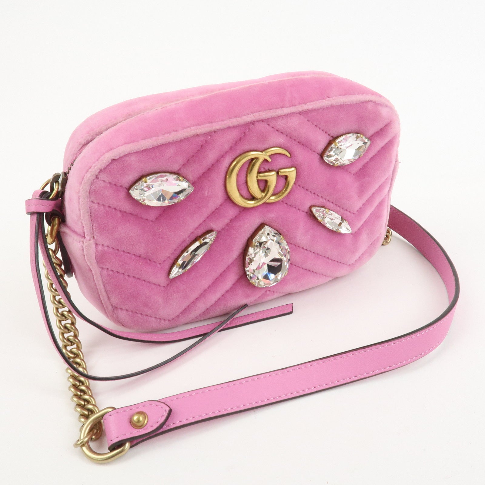 GUCCI GG Marmont Velvet Rhinestone Shoulder Bag Pink 448065