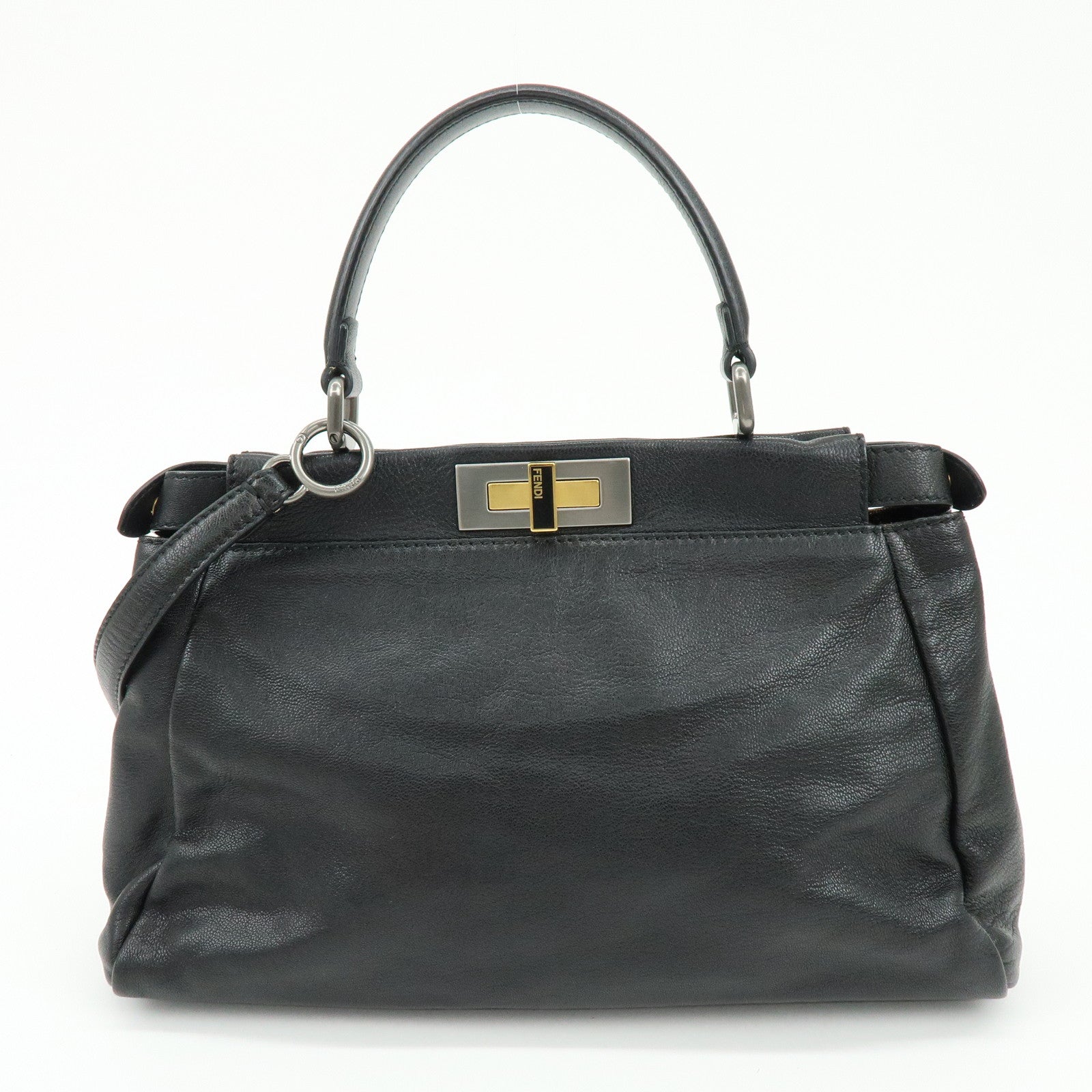 FENDI Peekaboo Leather 2Way Bag Hand Bag Shoulder Bag Black 8BN211