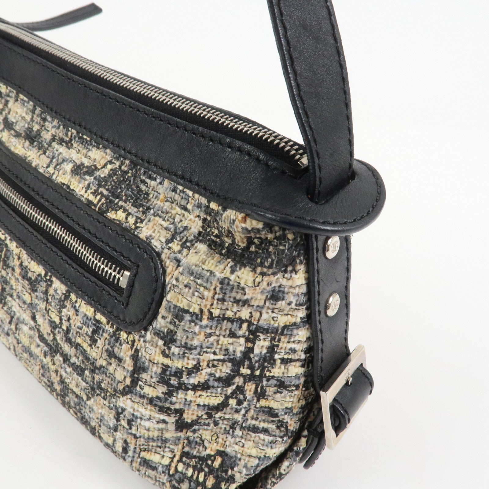 CHANEL COCO Mark Tweed Leather Shoulder Bag Black Multicolor