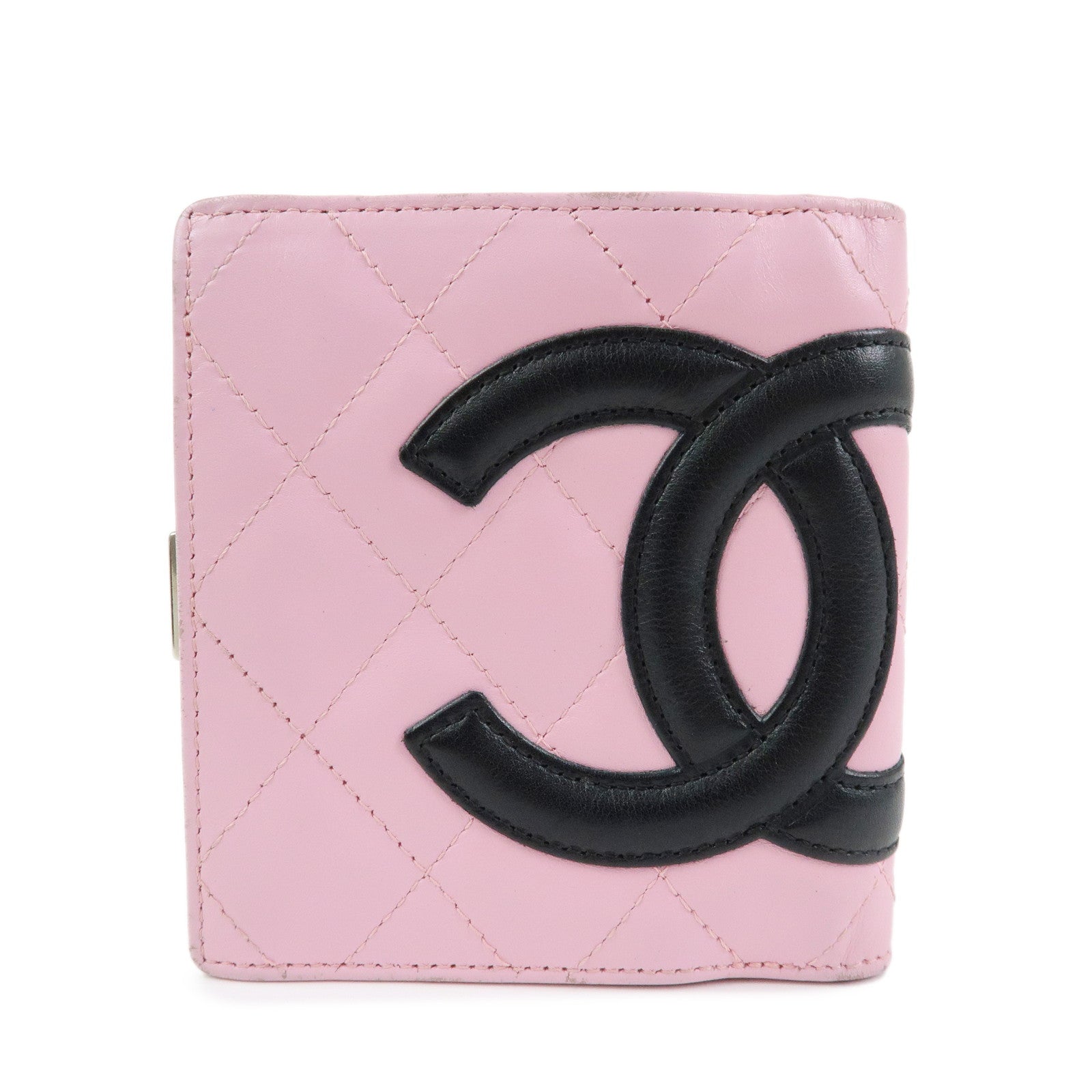 CHANEL Cambon Line Matelasse Lamb Skin Bi-fold Compact Wallet Pink