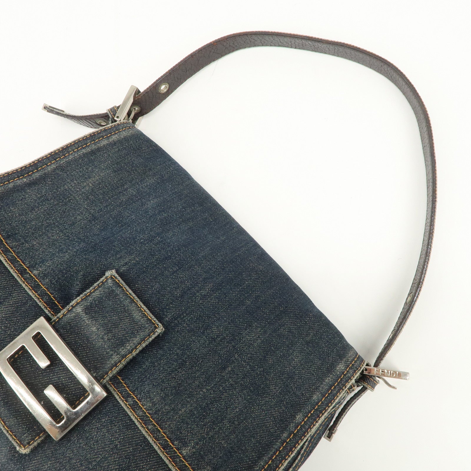 FENDI Mamma Baguette Denim Leather Shoulder Bag Hand Bag 26325