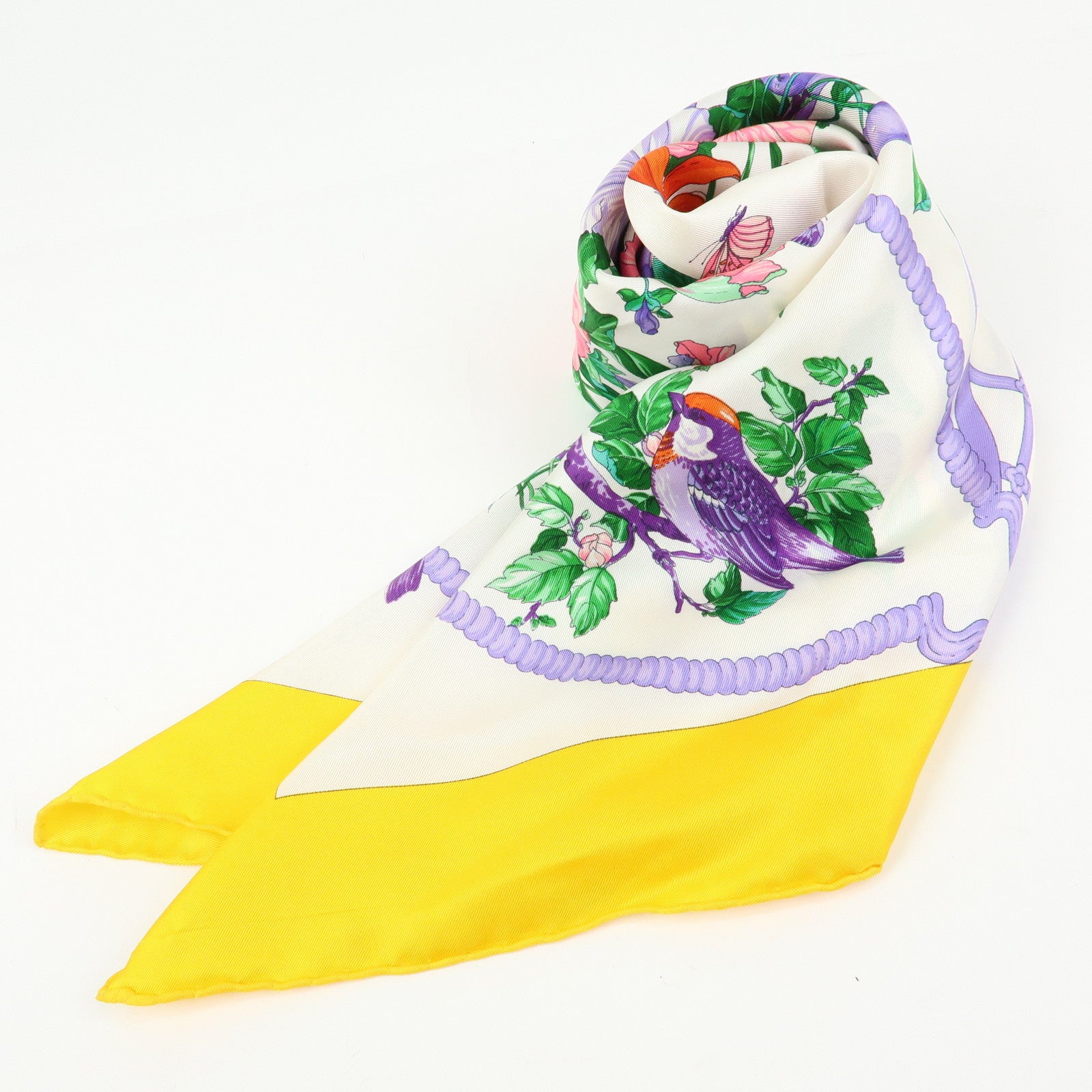 Christian Dior Silk 100% Scarf Botanical Pattern 87×87 White Yellow