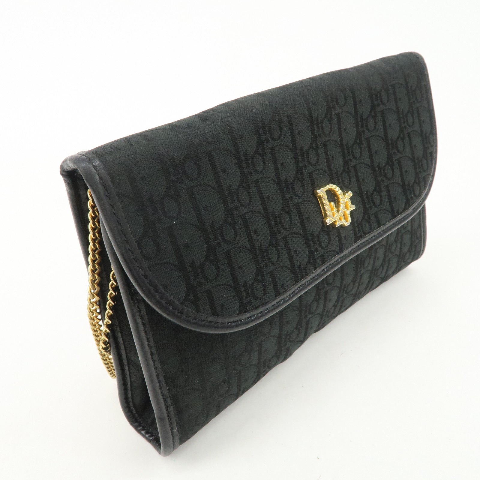 Christian Dior Trotter Leather Canvas Chain Shoulder Bag Black