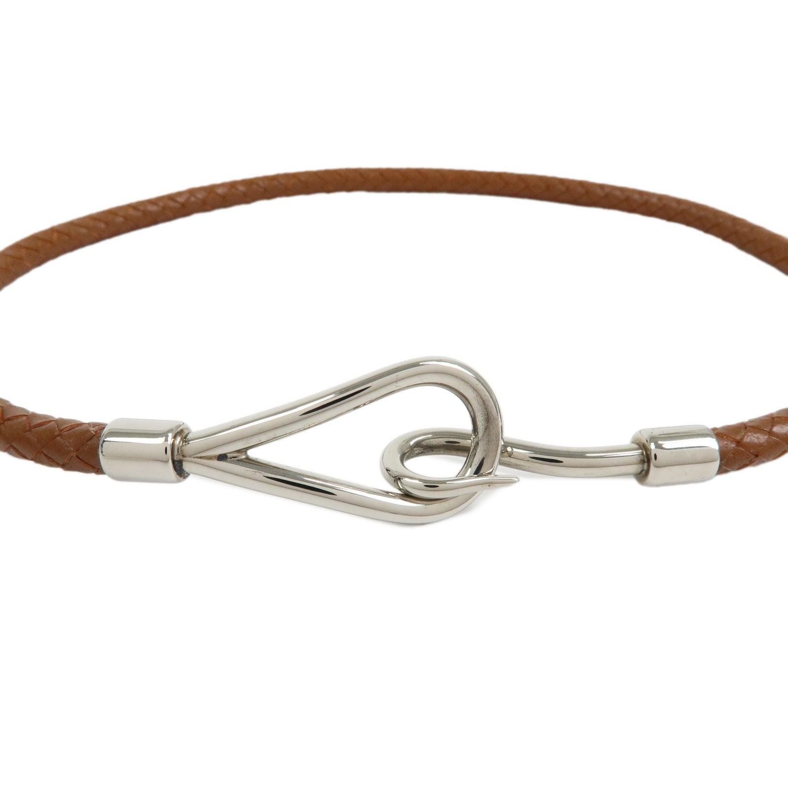 HERMES Jumbo Choker Leather Metal Bracelet Brown Silver