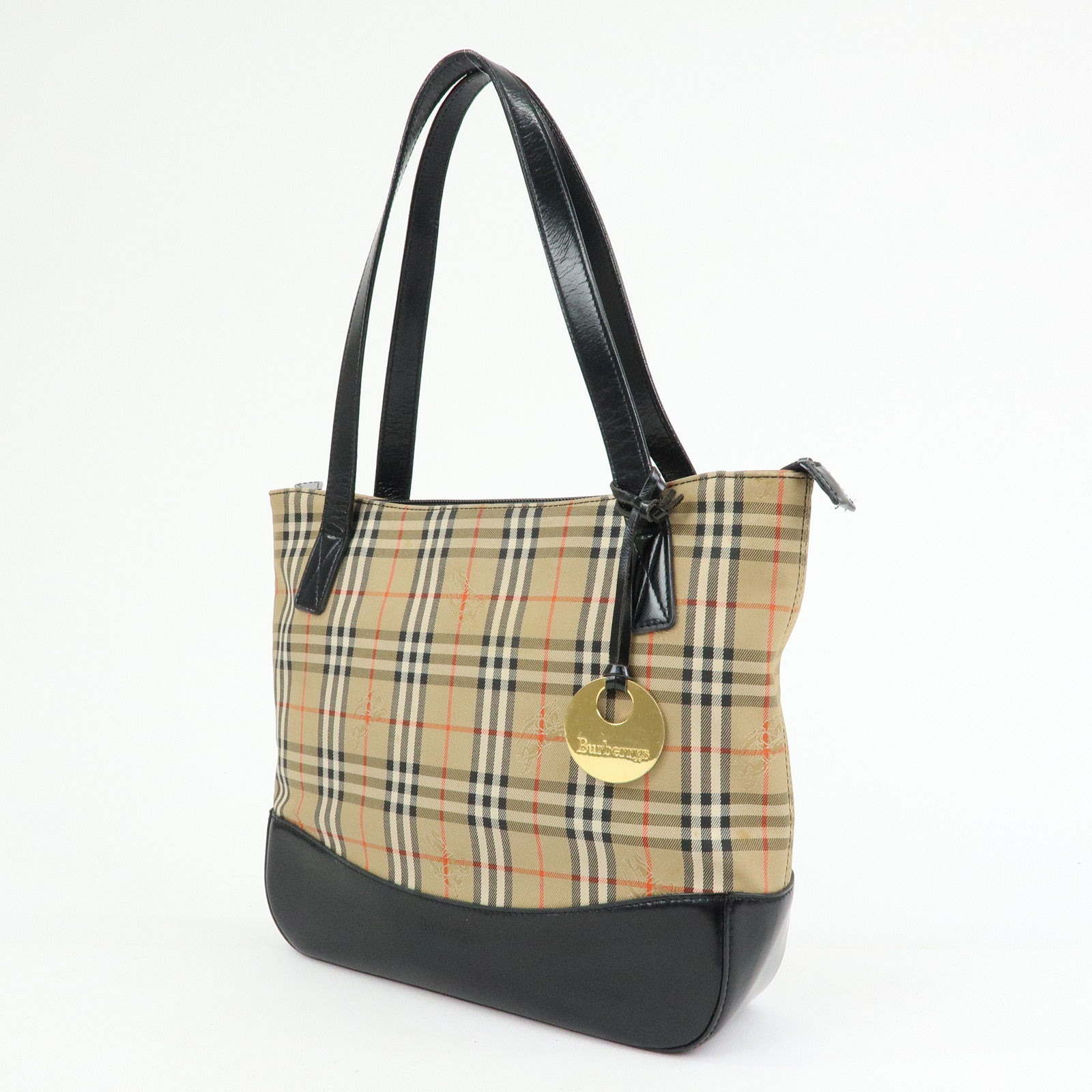 BURBERRY Canvas Leather Nova Plaid Tote Shoulder Bag Beige Black