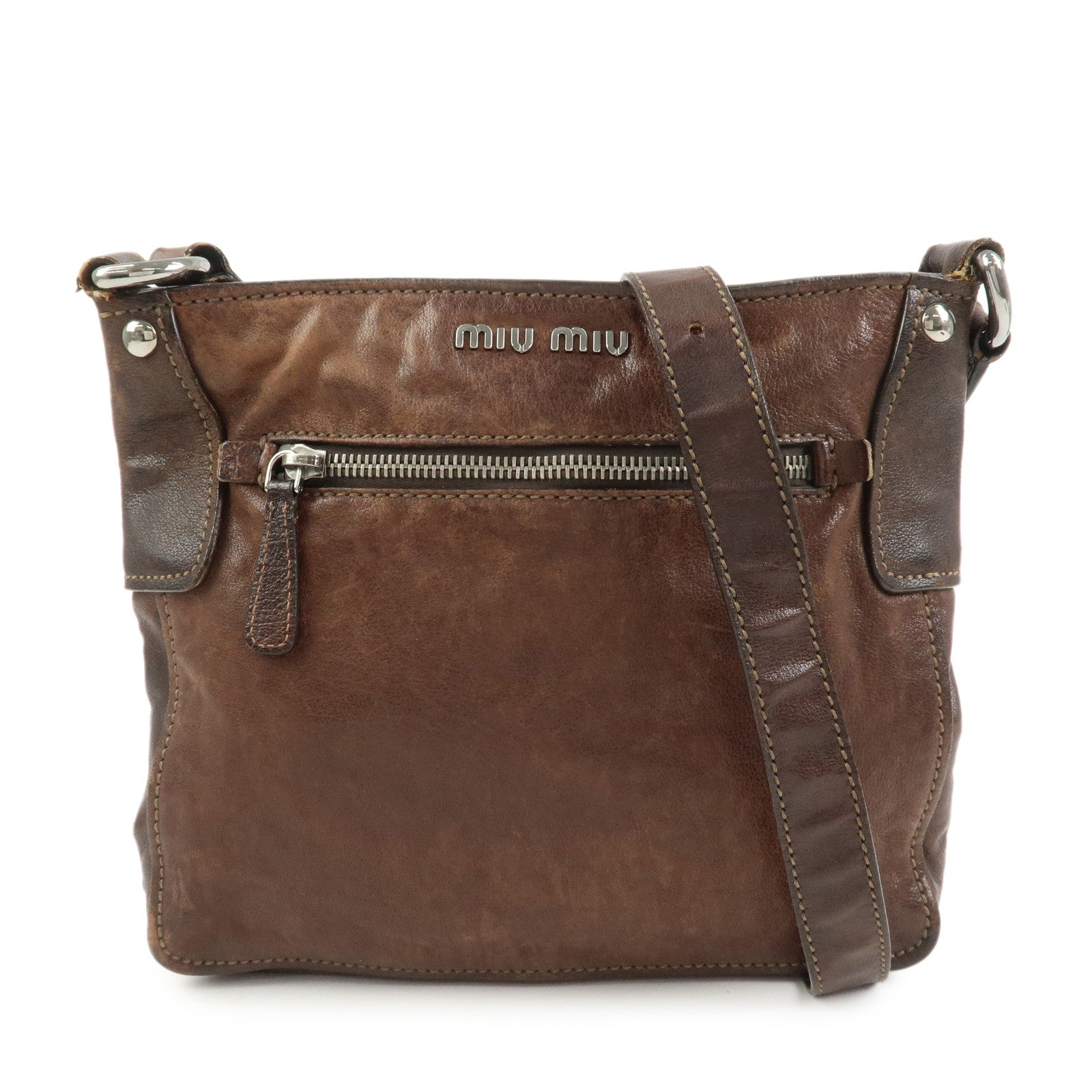 MIU MIU Logo Leather Shoulder Bag Crossbody Bag Brown