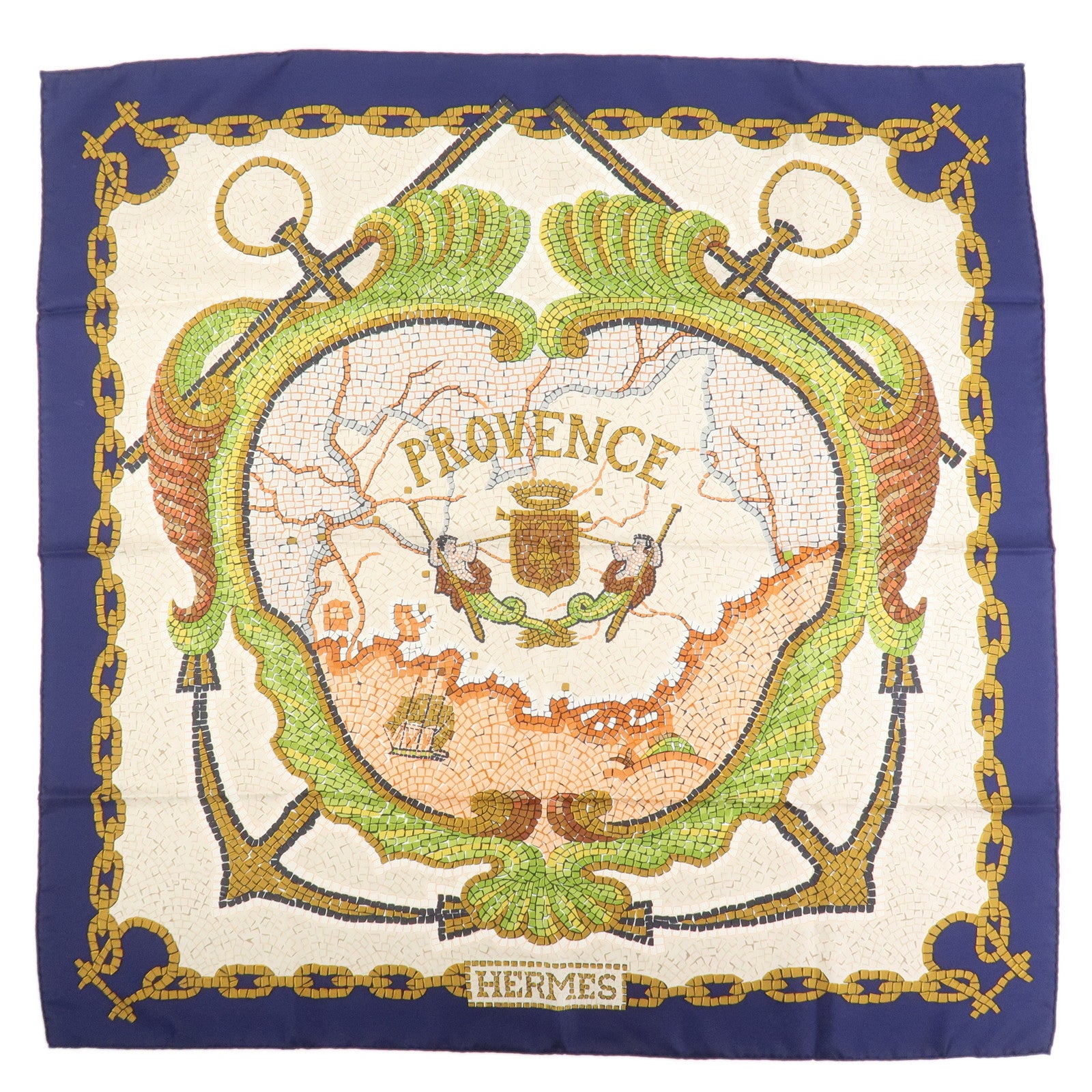HERMES Carre 90 Silk 100% PROVENCE Scarf Navy Ivory