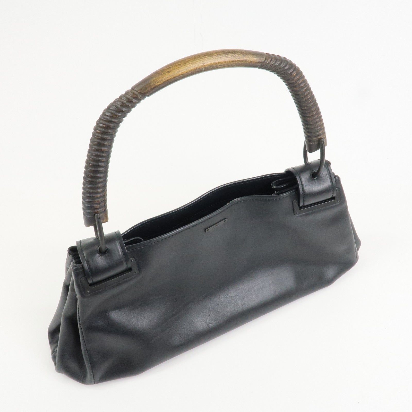 GUCCI Wood Handle Hand Bag Shoulder Bag Black 105192