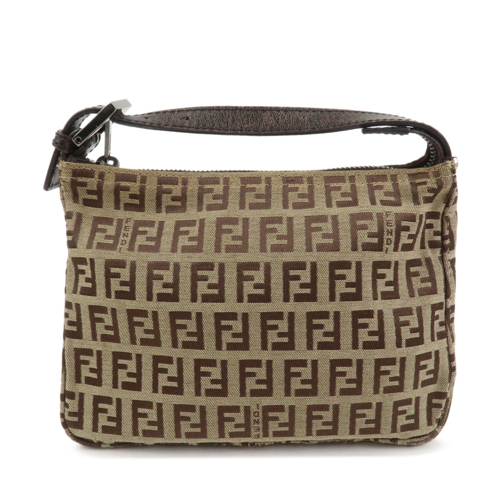 FENDI Zucchino Canvas Leather Hand Bag Pouch Bag Brown 8N0001