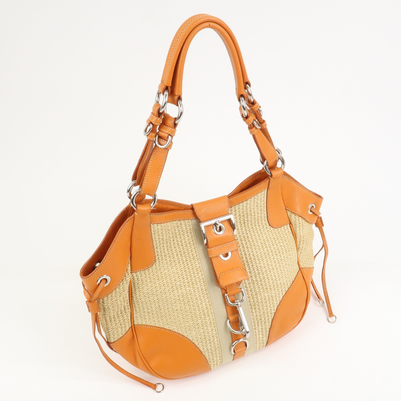 PRADA Logo Raffia Leather Shoulder Bag Hand Bag Orange BR2923