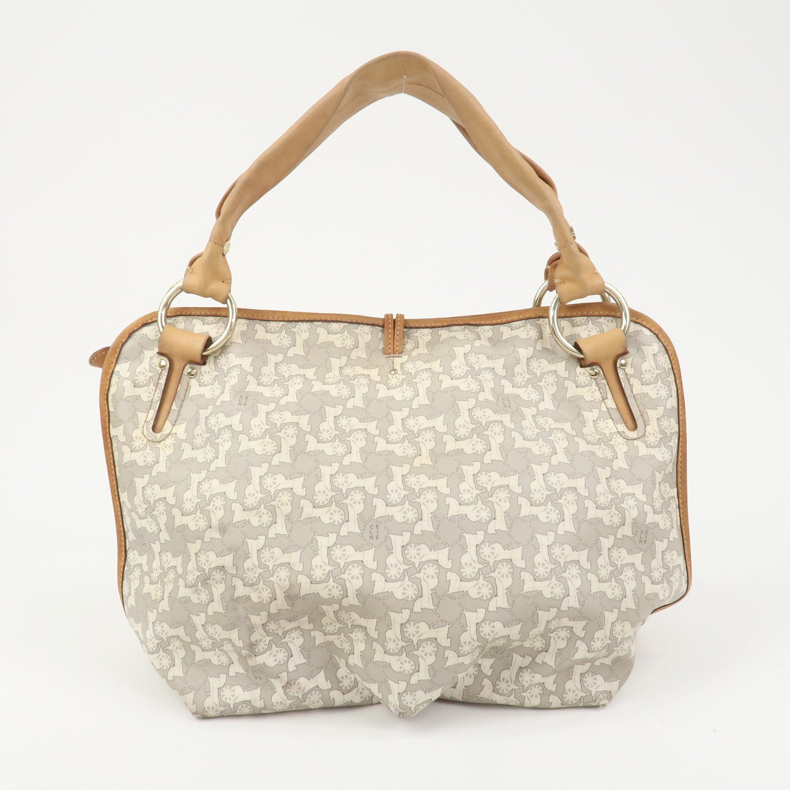 CELINE Logo Leather Hand Bag Shoulder Bag Gray Light Brown