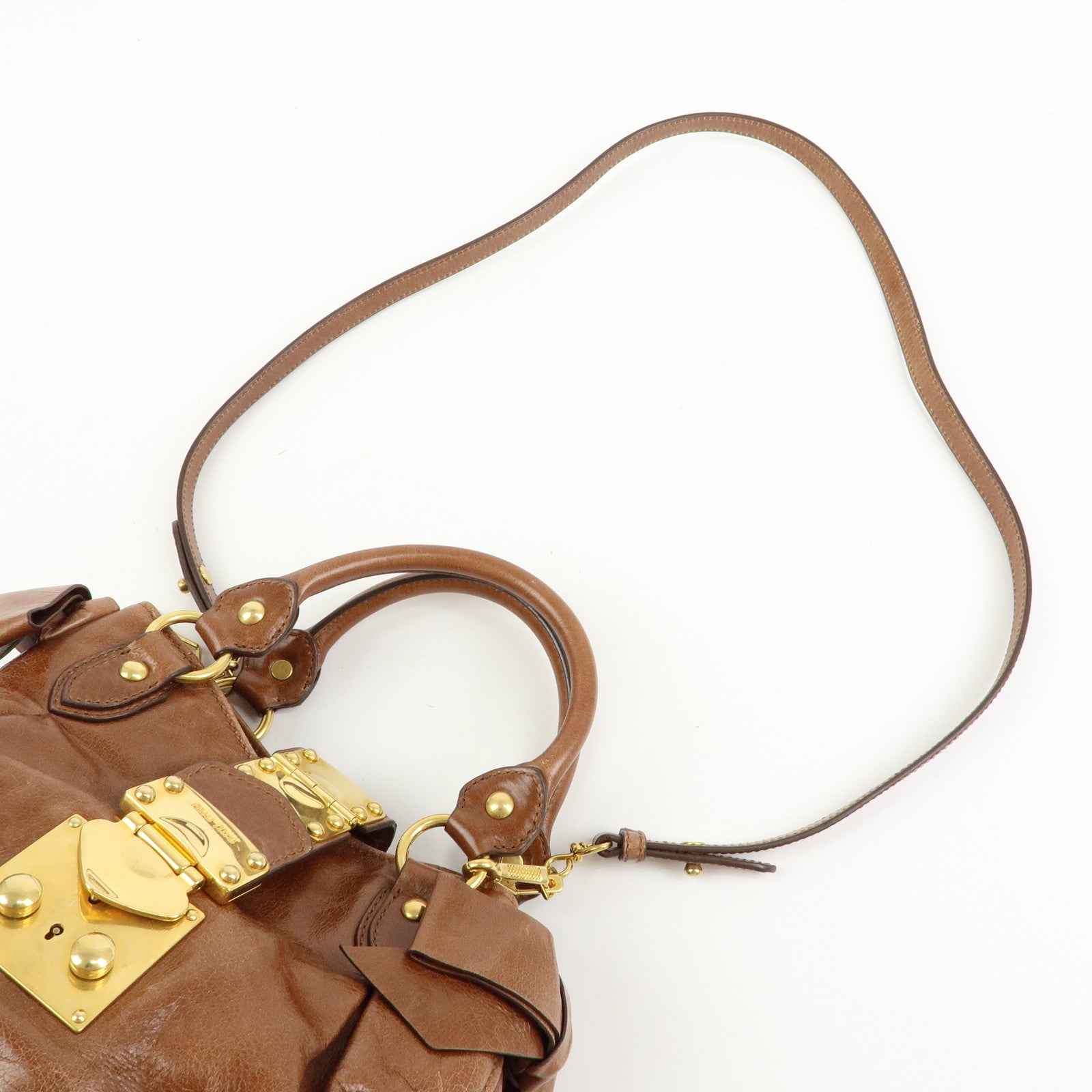 MIU MIU Leather 2Way Bag Hand Bag Shoulder Bag Side Ribbon Brown