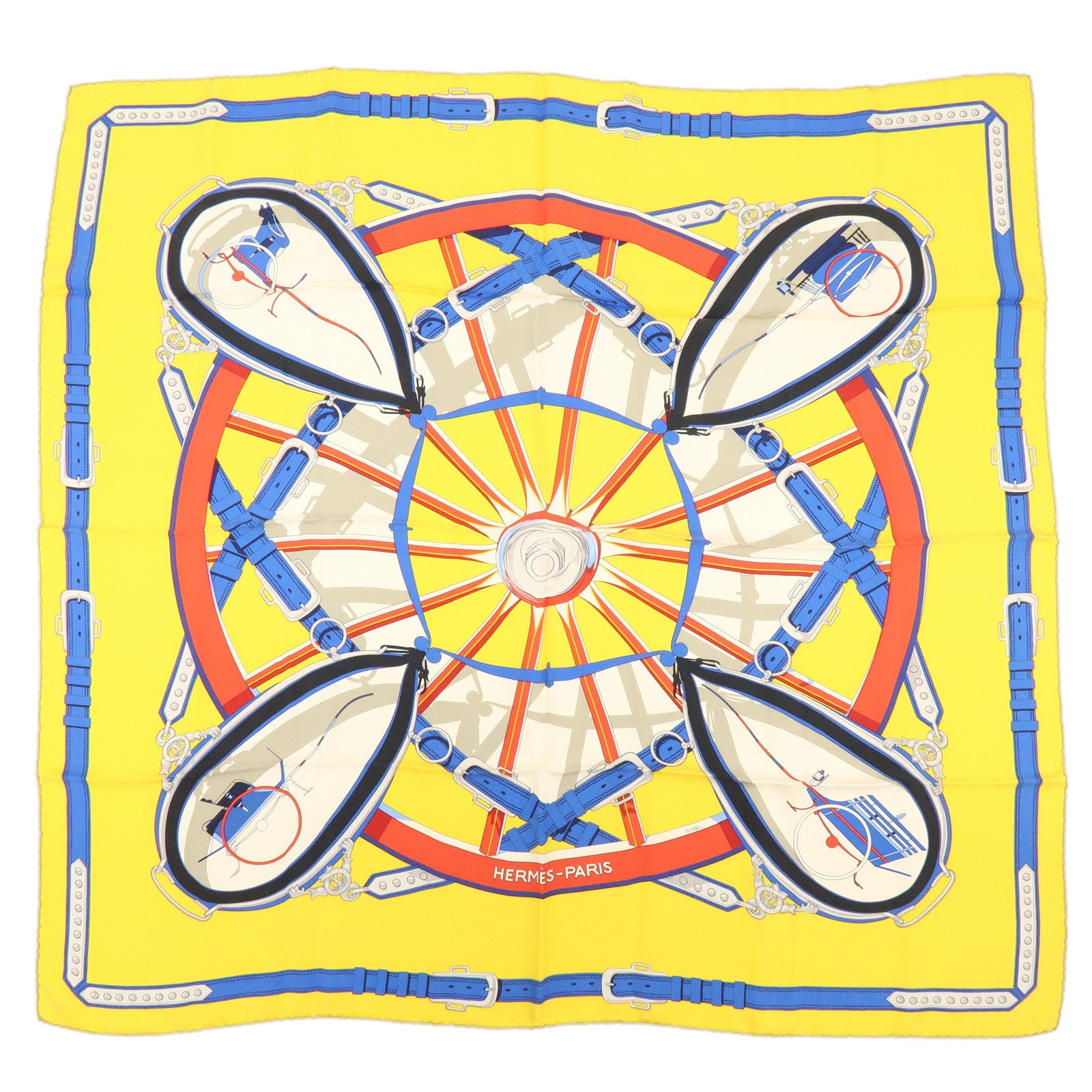 HERMES Carre 90 Silk 100% Scarf En Roue Libre Belt Print Yellow
