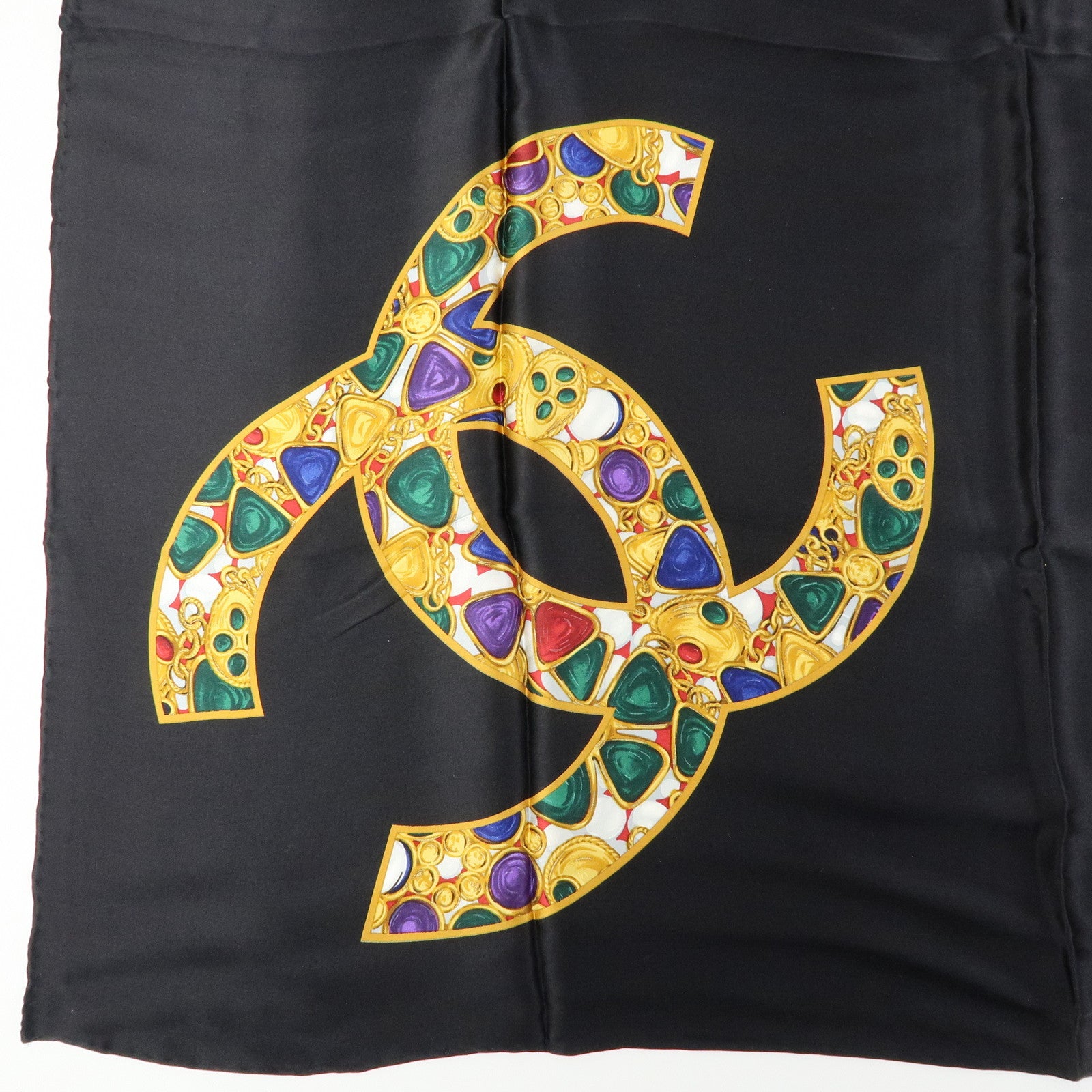 CHANEL COCO Mark Jewelry Silk 100% Scarf Black Yellow Multicolor