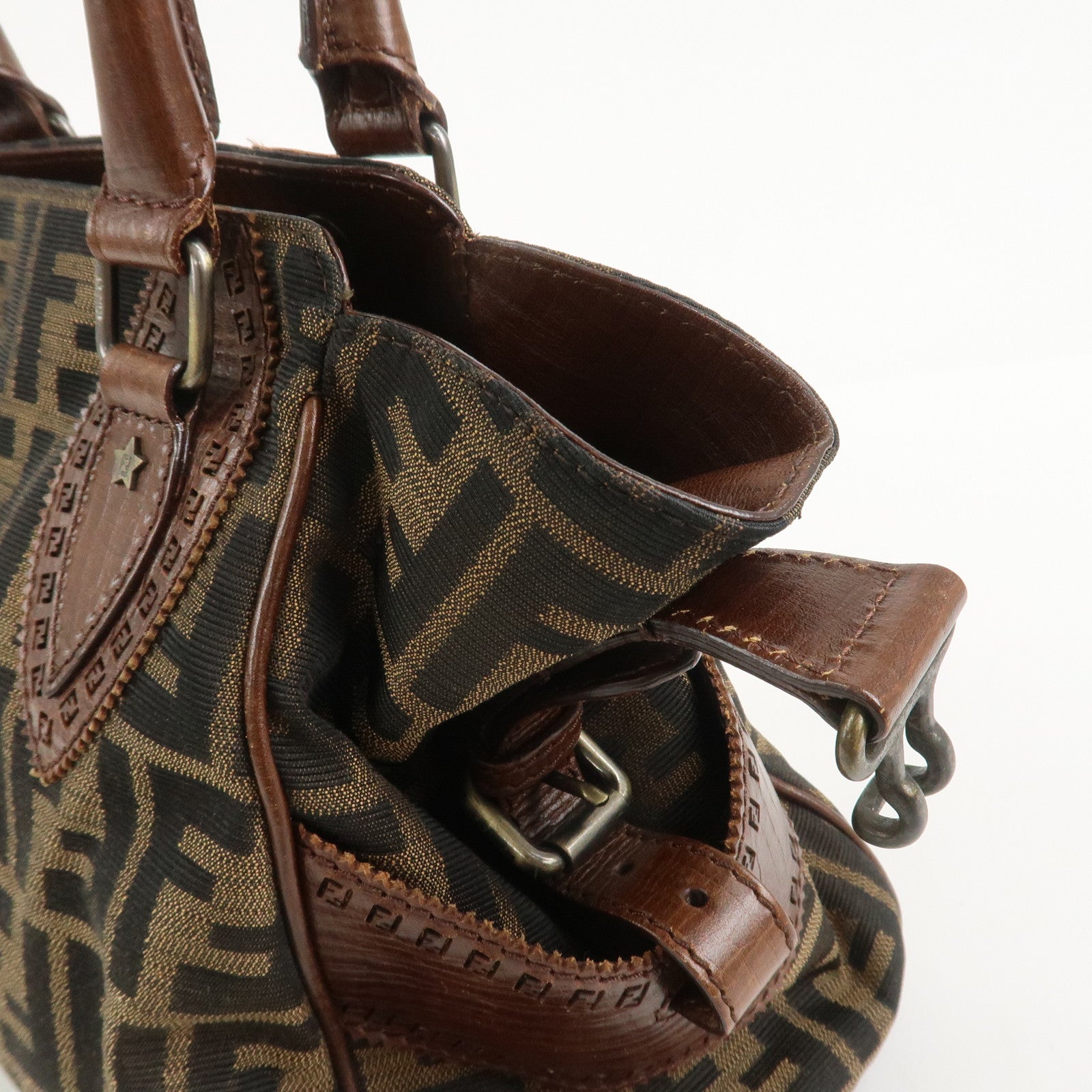 FENDI Etnico Zucca Canvas Leather Shoulder Bag Brown Black 8BN157