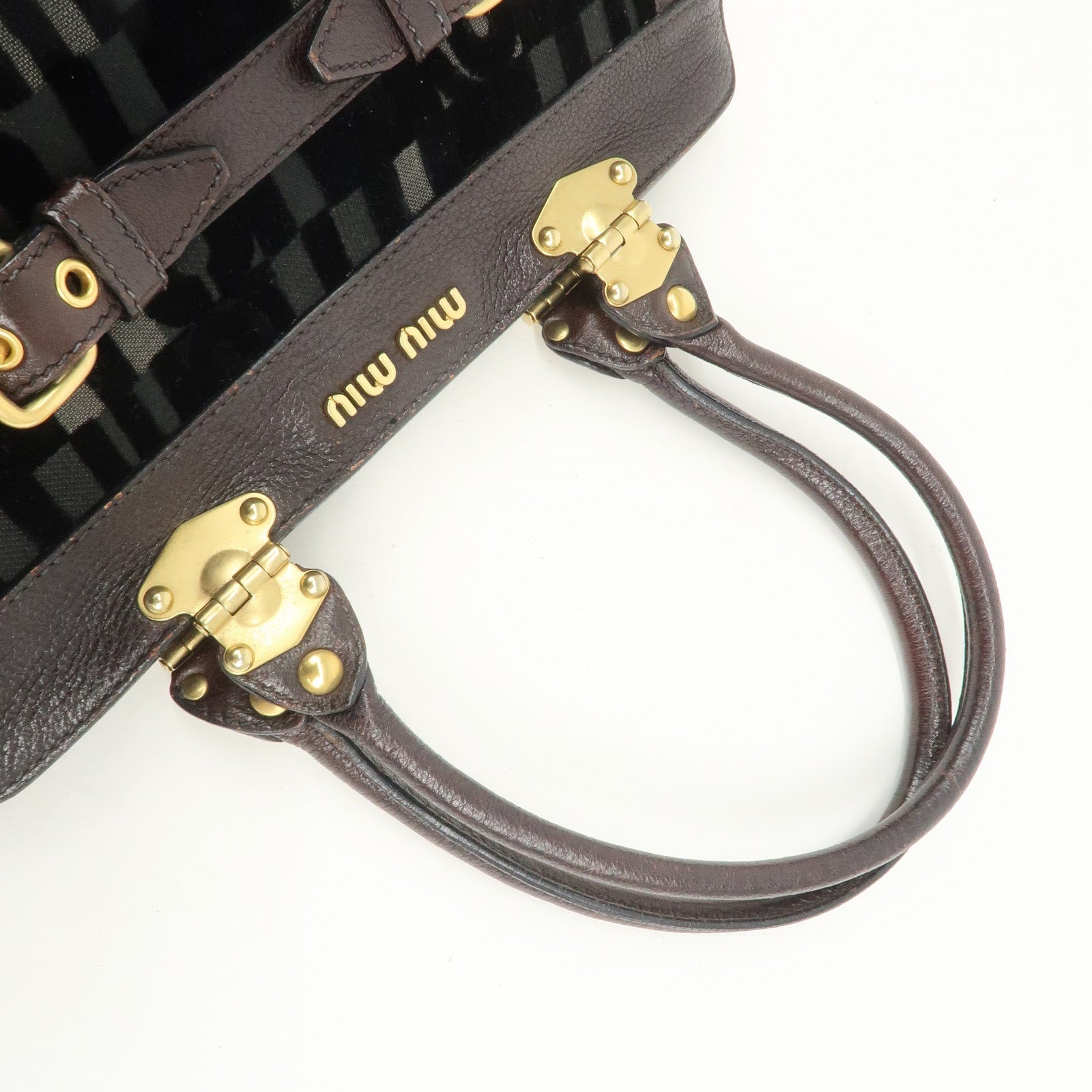 MIU MIU Logo Velour Leather Shoulder Bag Black Brown