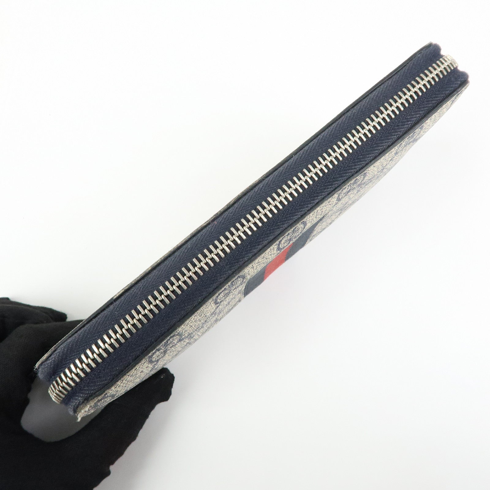 GUCCI Sherry GG Supreme Web Stripe Long Wallet Beige Navy 408831