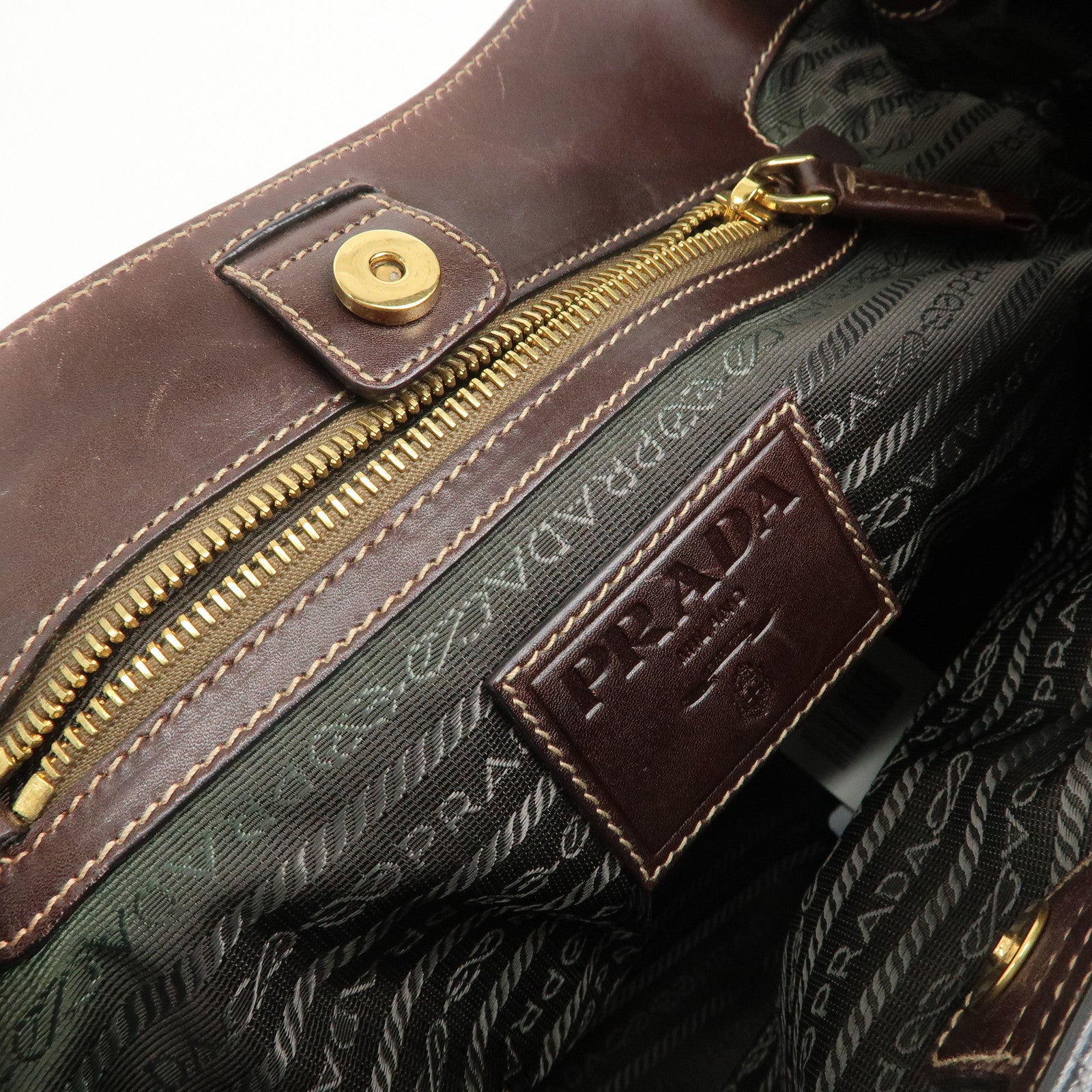 PRADA Triangle Logo Canvas Leather Shoulder Bag Hand Bag Brown