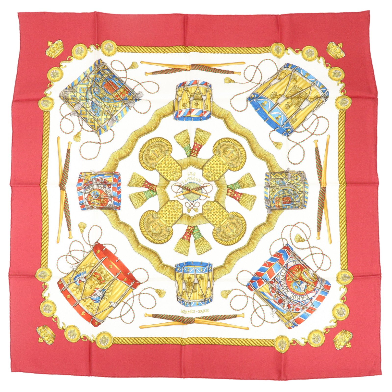 HERMES Carre 90 Silk 100% Scarf  LES TAMBOURS Red Gold