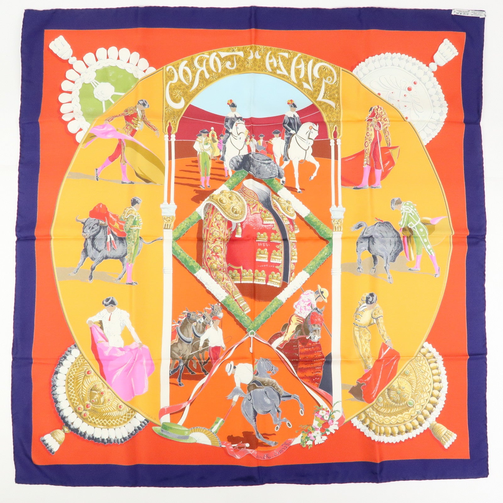 HERMES Carre 90 Silk 100% Scarf Plaza de Toros Bullring Red Navy