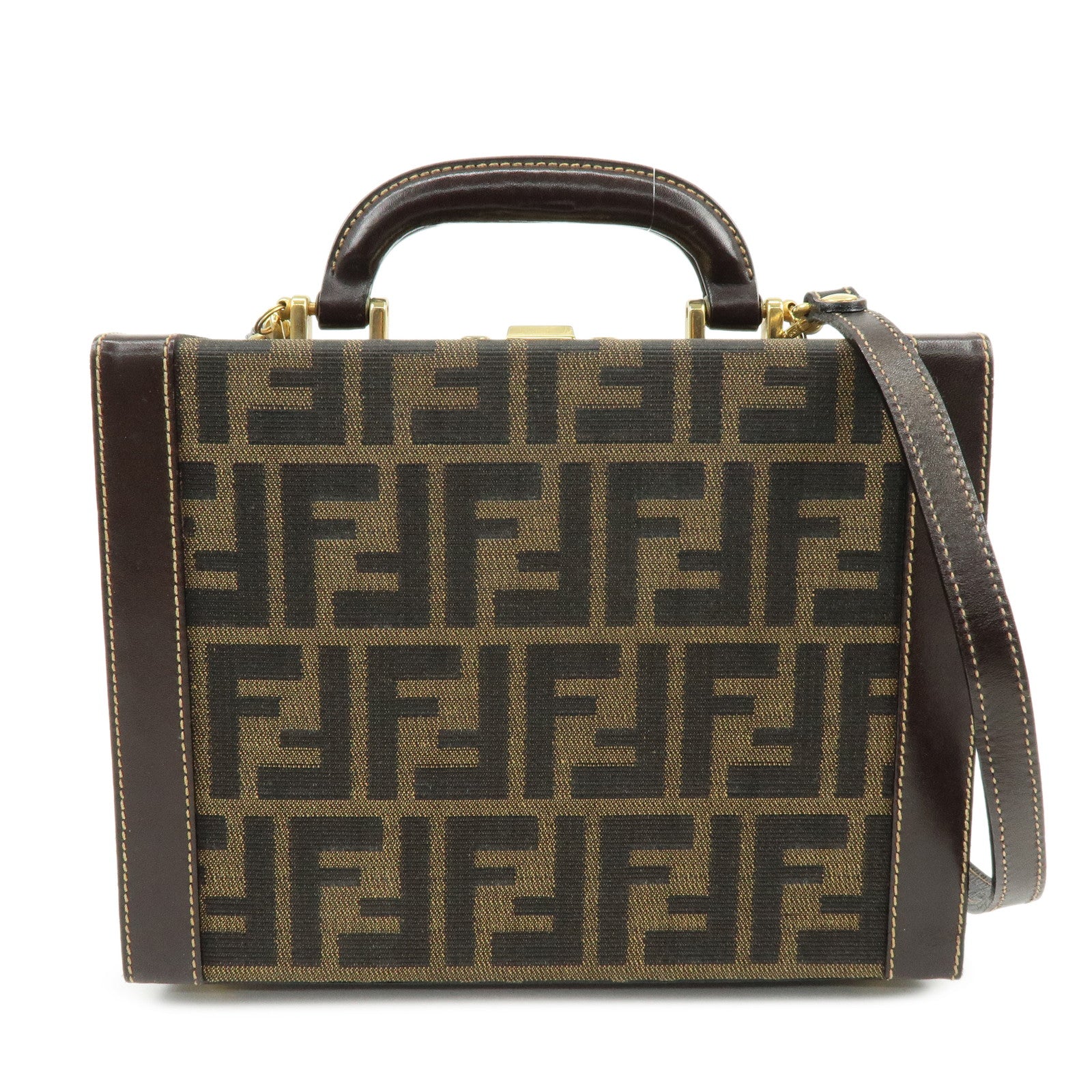 FENDI Zucca Canvas Leather Hand Bag Jewelry Box Brown Black