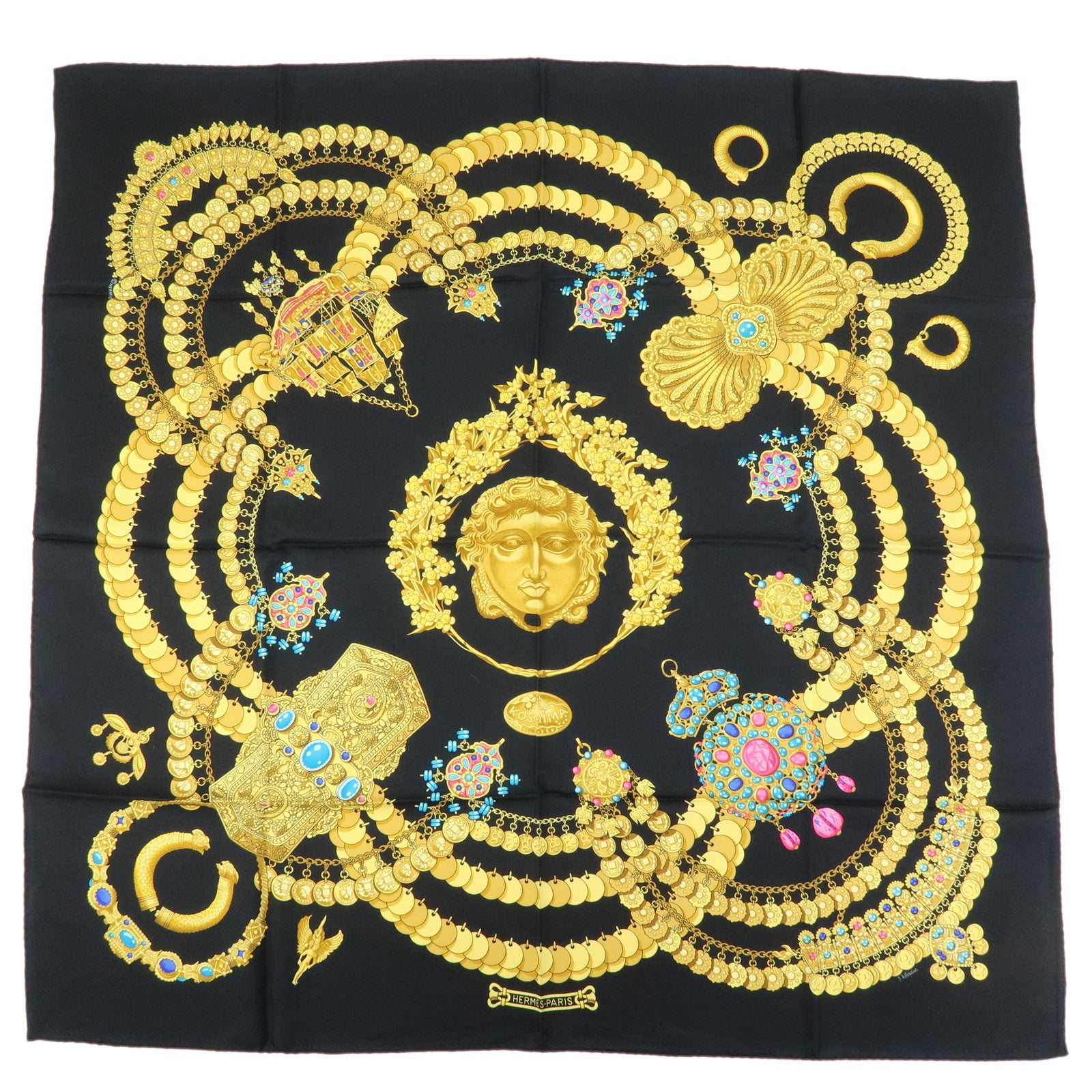 HERMES Carre 90 Silk 100% KOSMIMA Scarf Black Yellow