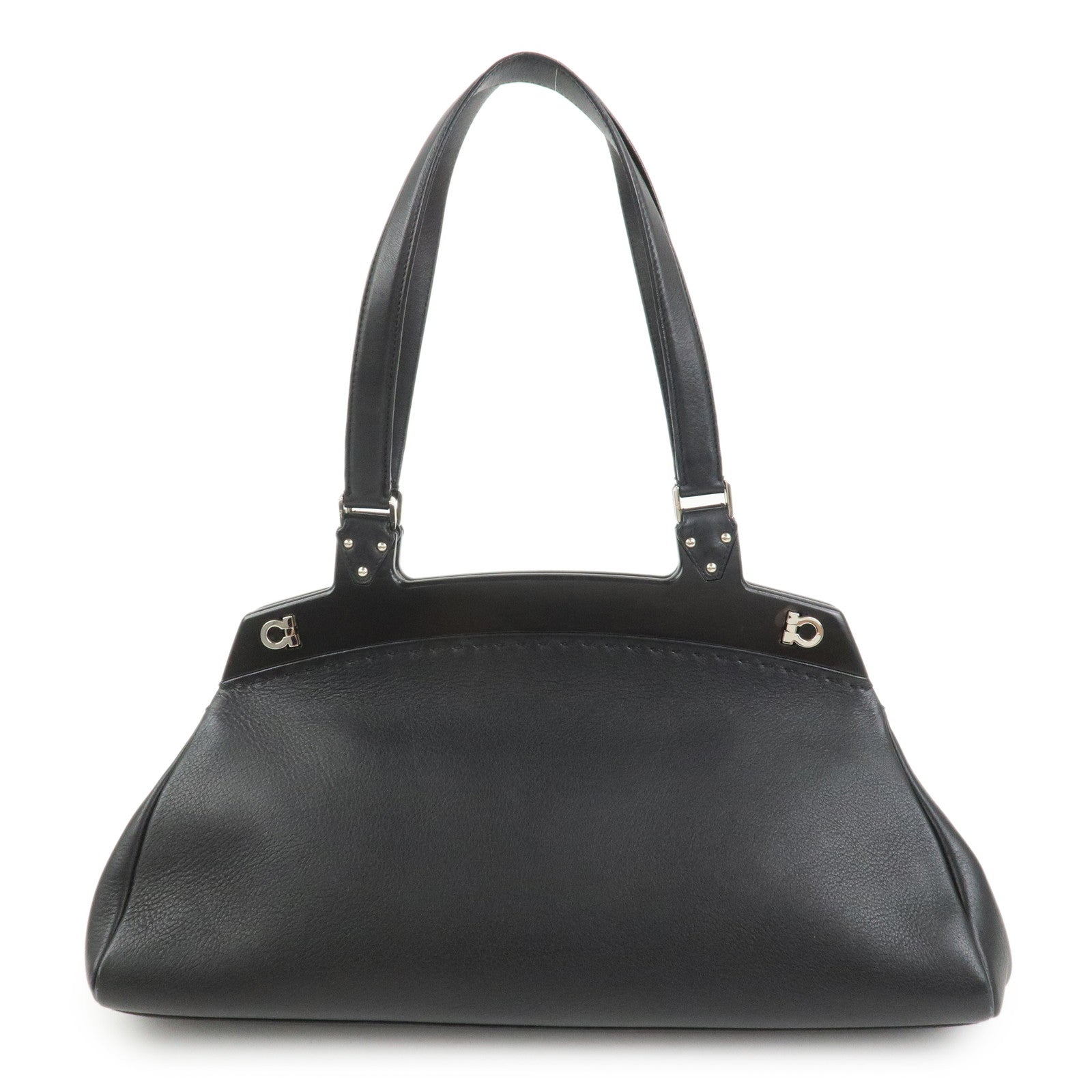 Ferragamo Gancini Leather Wood Shoulder Bag Hand Bag Black