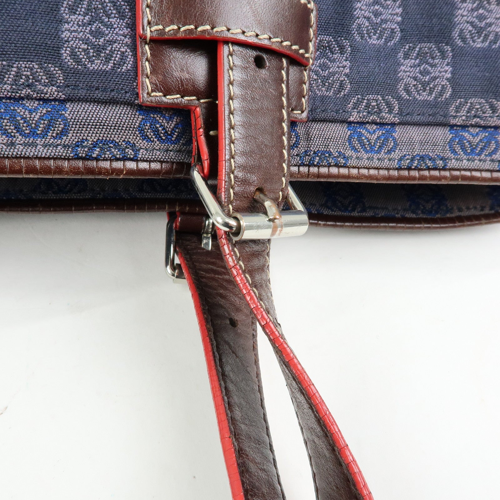 LOEWE Repeat Anagram Canvas Leather Tote Bag Hand Bag Blue Brown
