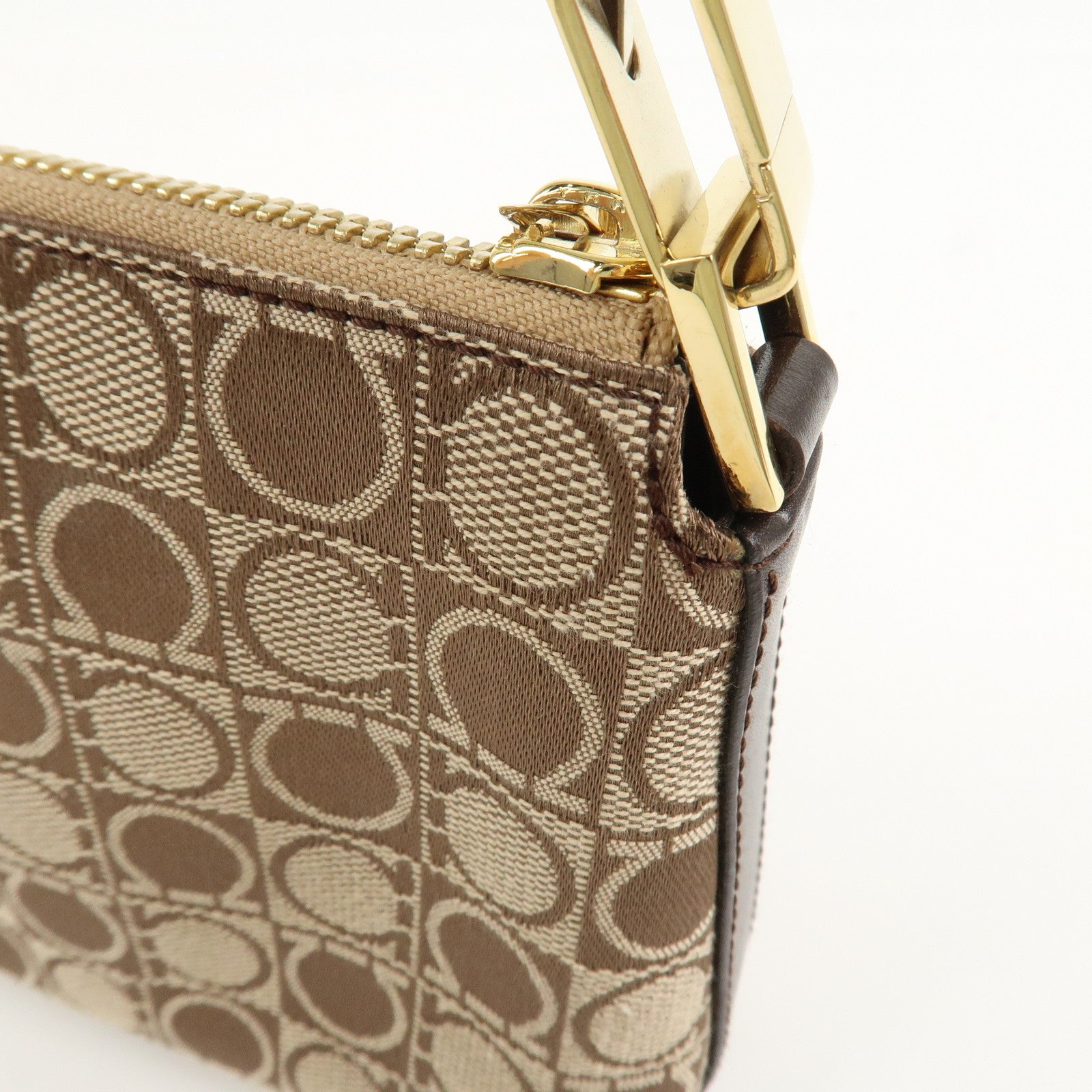 Ferragamo Gancini Canvas Leather Shoulder Bag Hand Bag Brown