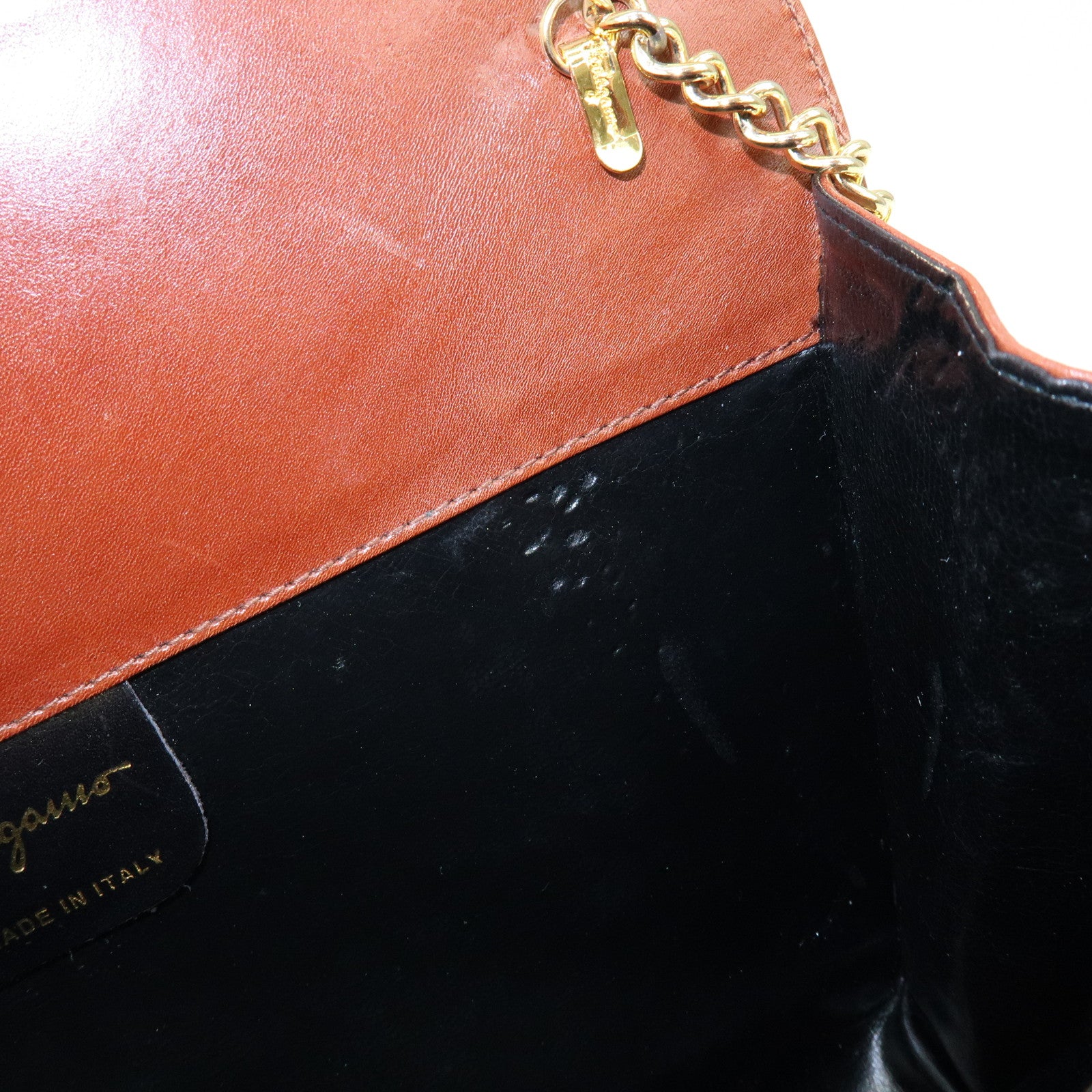 Ferragamo Gancini Calf Skin Leather Chain Shoulder Bag Brown