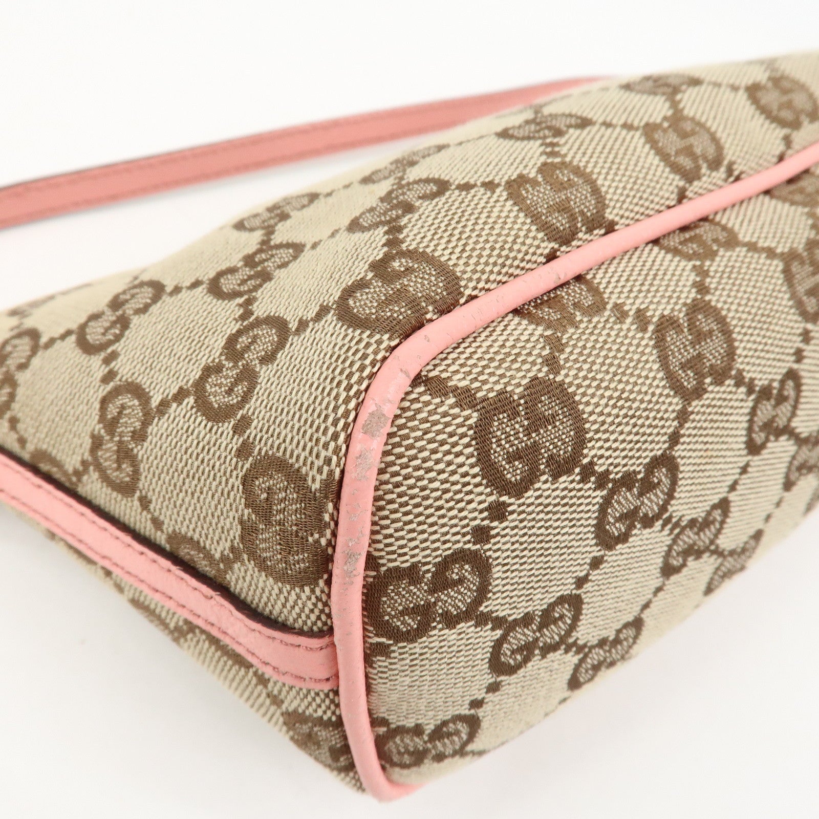 GUCCI Boat Bag GG Monogram Canvas Leather Hand Bag Beige Pink 07198