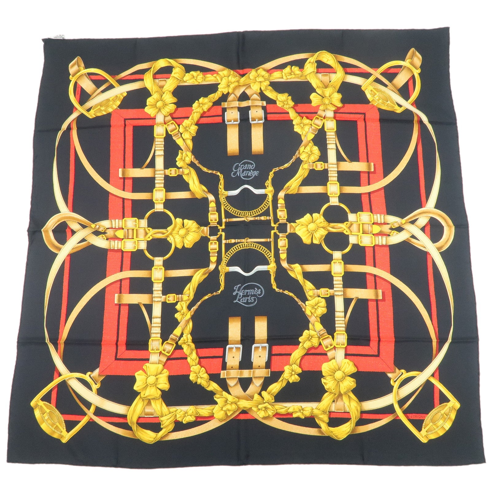 HERME Carre 90 Silk 100% Scarf Grand Manege Black Yellow