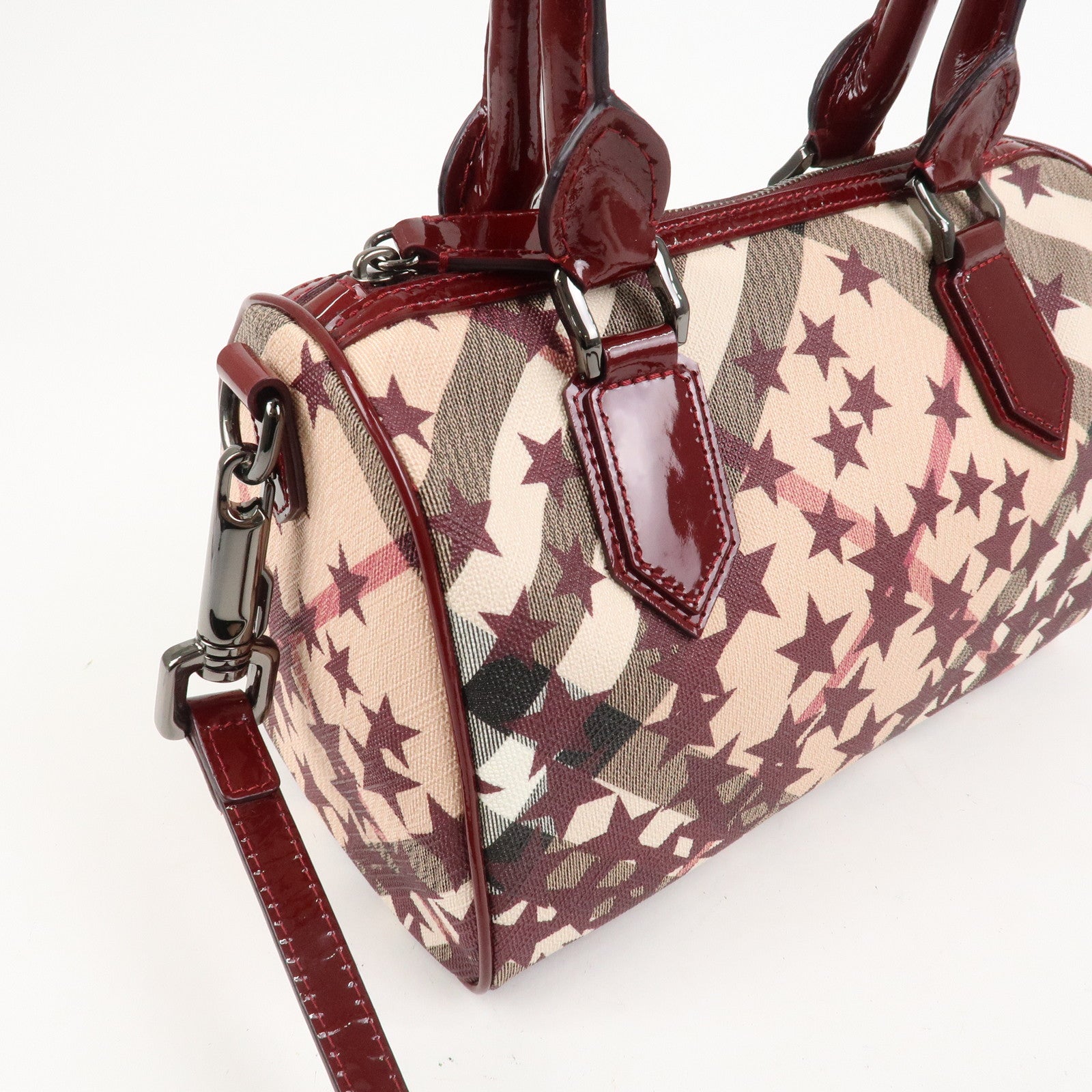 BURBERRY PVC Canvas Patent Leather Boston Bag Beige Bordeaux