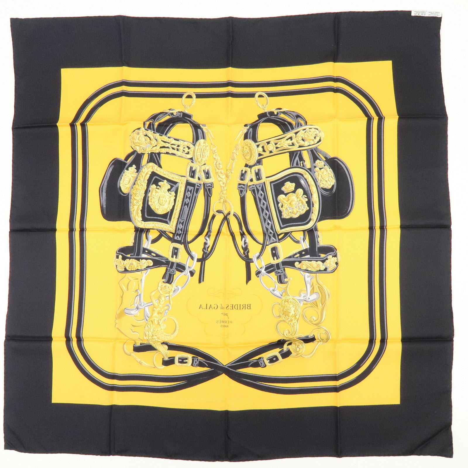 HERMES Carre 90 Silk 100% Brides de Gala Scarf Black Yellow