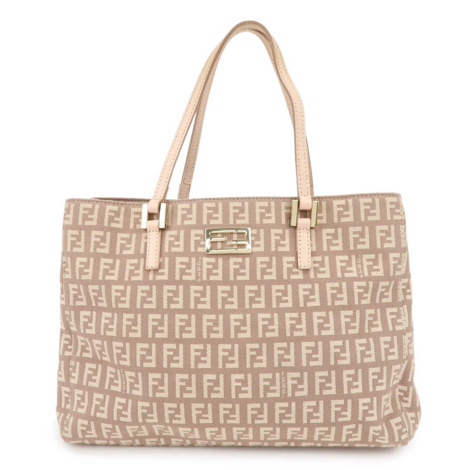 FENDI Zucchino Canvas Leather Hand Bag Tote Bag Pink Beige 8BH132