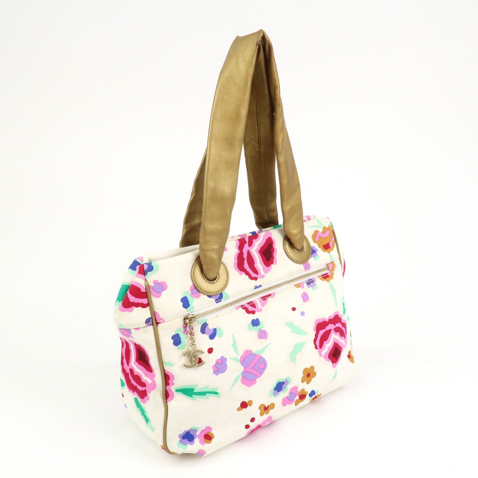 CHANEL Canvas Lamb Skin Tote Bag Shoulder Bag Flora A25388